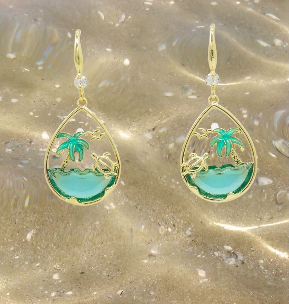 Raindrop Palm Tree and Turtle Glass Earrings