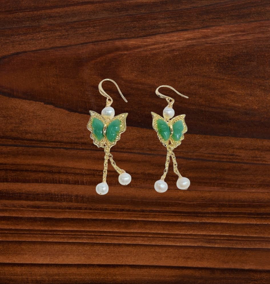 Jade and Pearl Butterfly Earrings