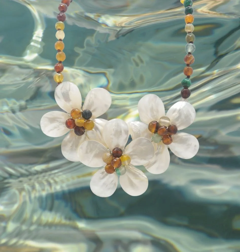 3 Flowers Mother Of Pearl and Freshwater Pearl Necklace