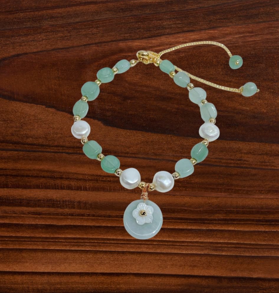 Mother of Pearl and Jade Flower Adjustable Bracelet