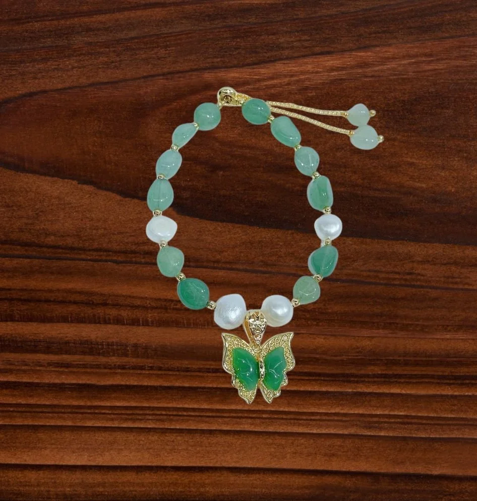 Butterfly Jade and Pearl Adjustable Bracelet
