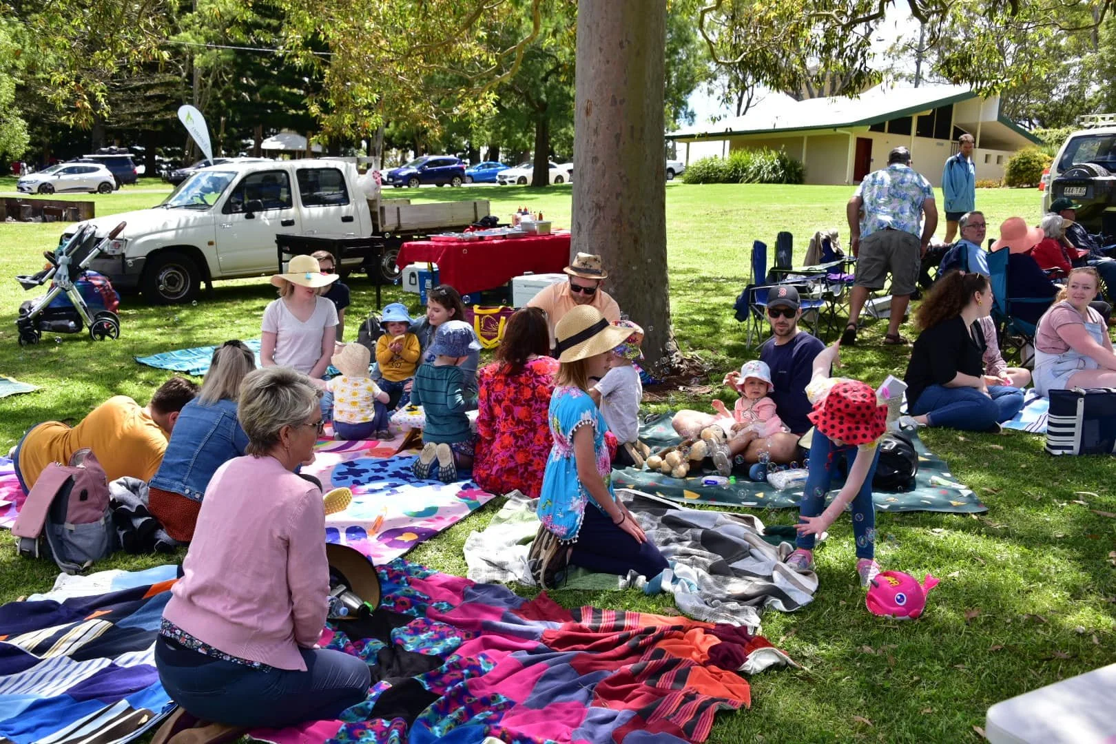 People having a picnic on a grassy area under trees during a sunny day, with parked cars and a building in the background.