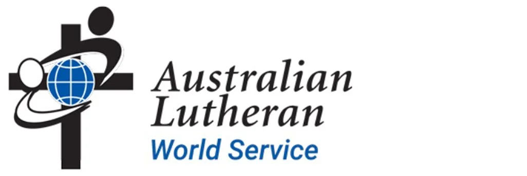 Australian Lutheran World Service logo featuring a globe, a cross, and human figures.