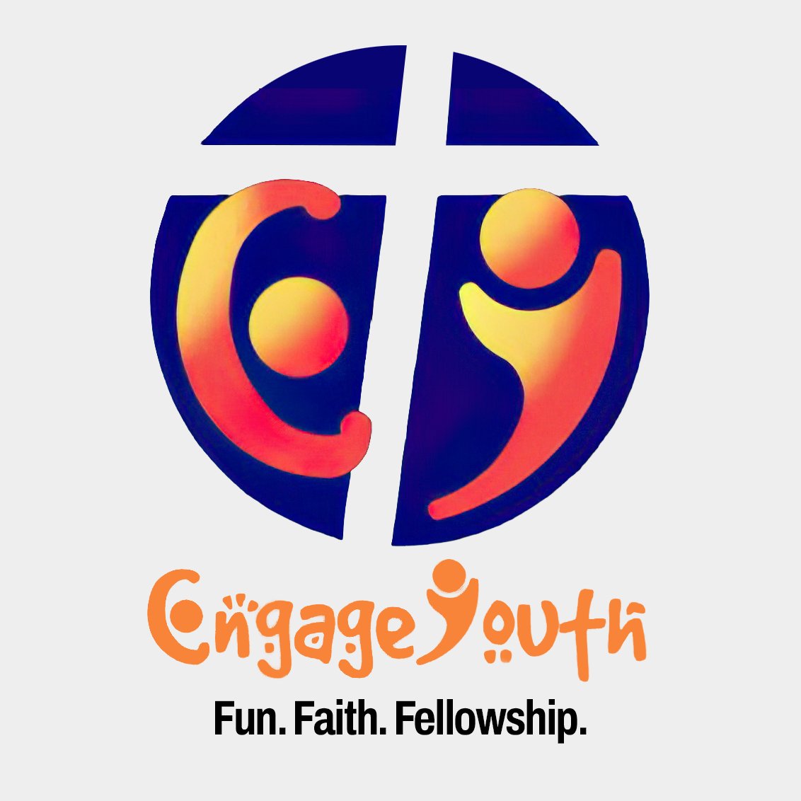 A colorful logo featuring a stylized globe with two abstract human figures, one orange and one yellow, inside. The text 'Engage Youth' is written below in orange, playful font, with the tagline 'Fun. Faith. Fellowship.' underneath in black.