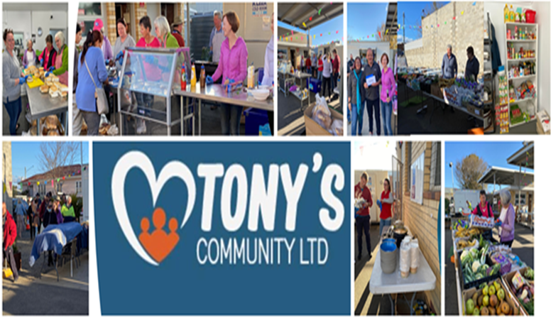 Photos of community event organized by Tony's Community Ltd. showing people at food stalls, a table with baked goods, a candy display, and people shopping at outdoor booths.