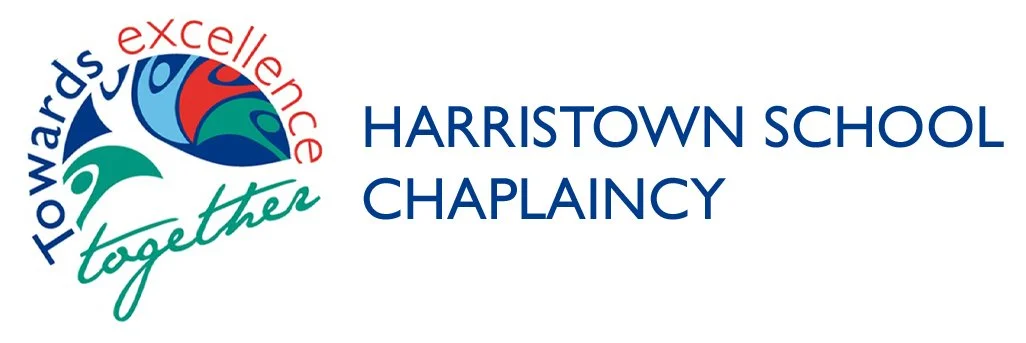 Harristown School Chaplaincy logo featuring a colorful globe and the words "Towards excellence" and "together" alongside the school name.