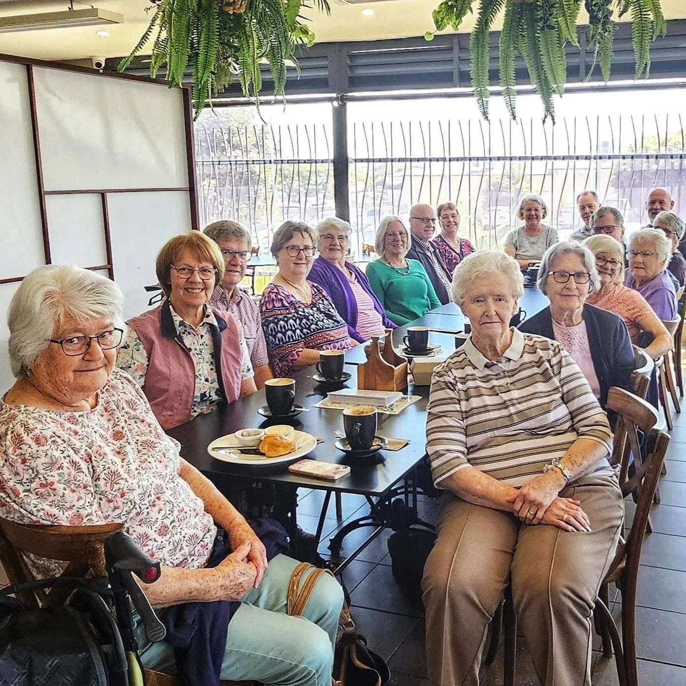 A large group of elderly people sitting at a long table in a cafe, smiling for the camera. Some have coffee cups and snacks in front of them. The cafe has large windows and hanging plants.