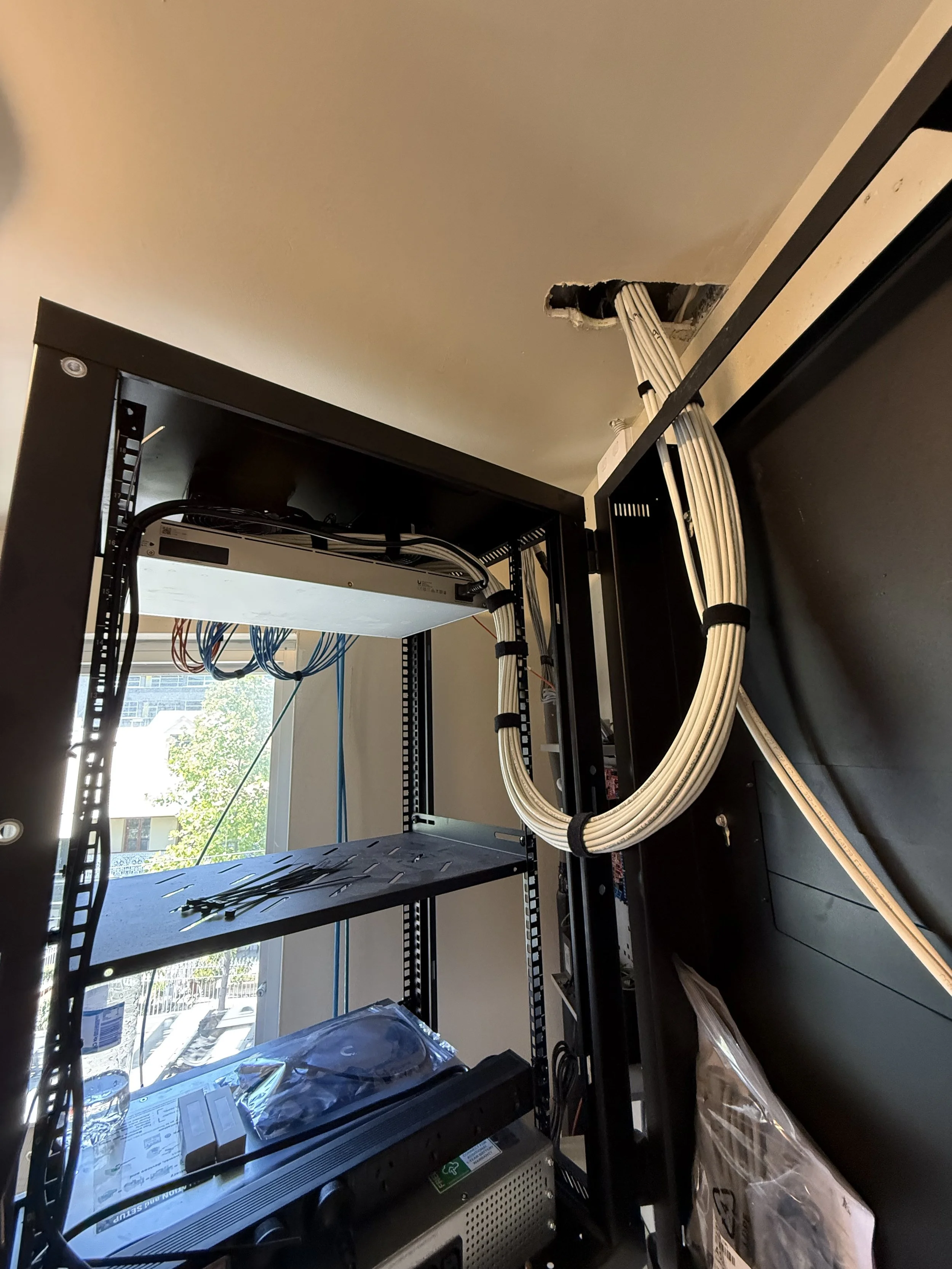 18RU wall mount rack with network switch and white CAT6.
