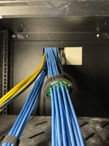 Blue and yellow Ethernet cables organised in a network rack, connected to a circular patch panel.