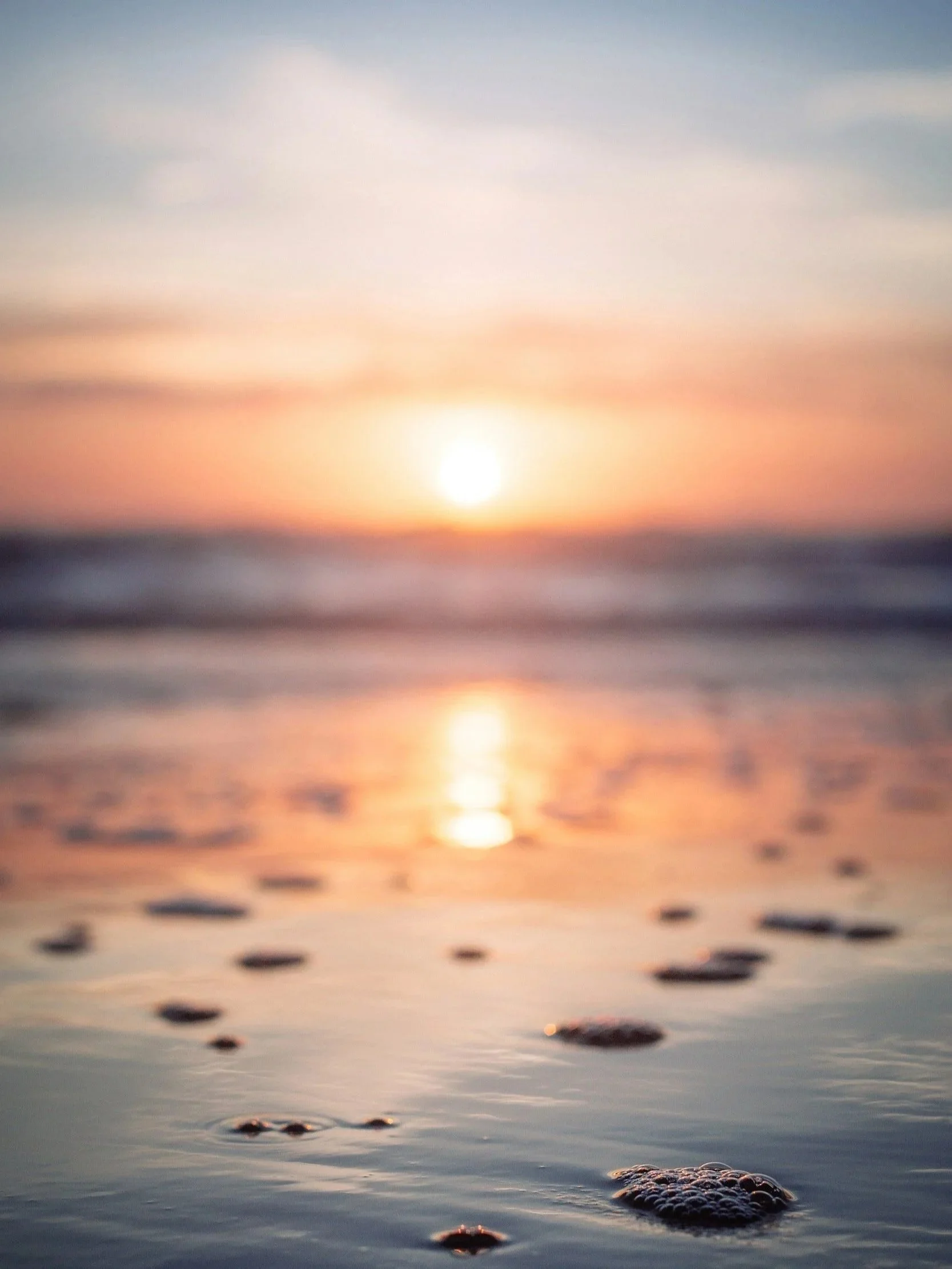 A sunset over a calm body of water with bubbles and foam on the surface.