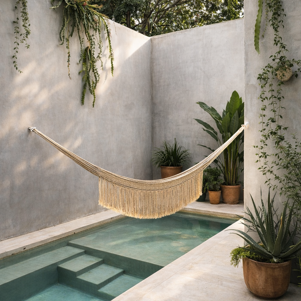 Un coin de jardin avec une petite piscine, un hamac enroulé, et beaucoup de plantes en pot contre un mur en béton, en plein air.