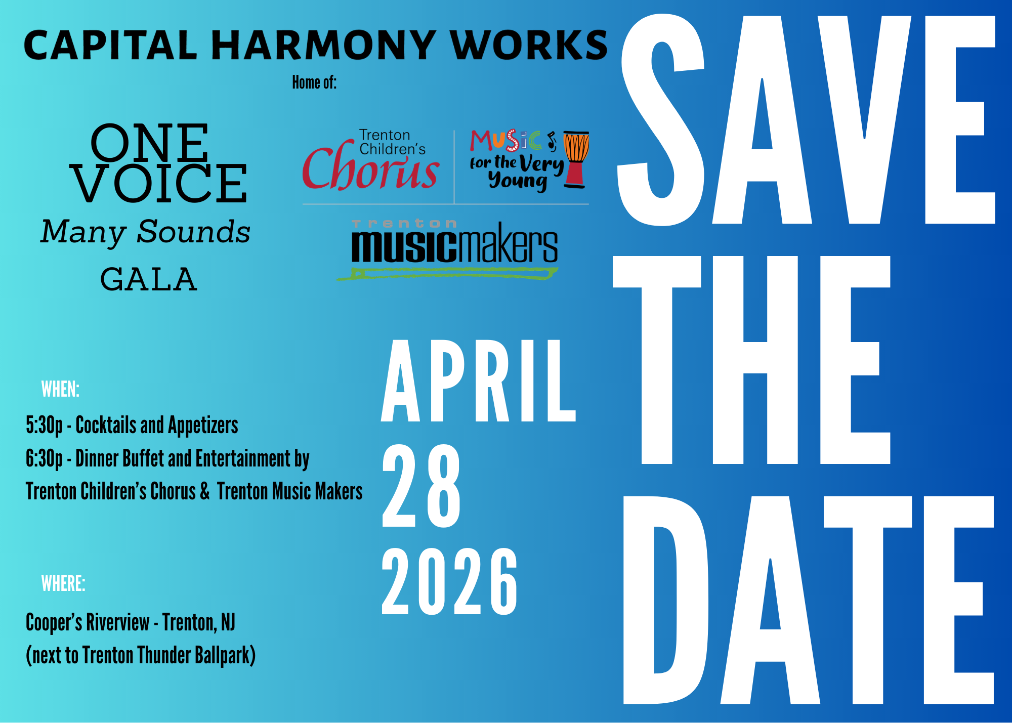 Event poster for Capital Harmony Works, titled 'Save the Date' for April 28, 2026. Features logos for Trenton Children's Chorus and Trenton Music Makers. Details include 5:30 pm cocktails and appetizers, 6:30 pm dinner and entertainment at Cooper's Riverview, Trenton, NJ.