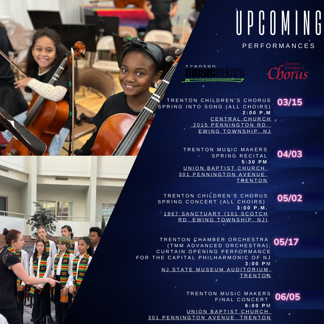 Festival poster featuring performances by Trenton Children's Chorus, Trenton Music Makers, and Trenton Chamber Orchestra with dates, times, locations, and photos of children and young musicians.