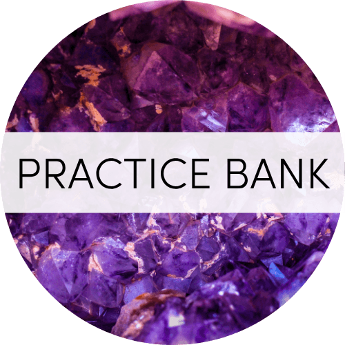 clickable image: purple stone sphere with "practice bank" title