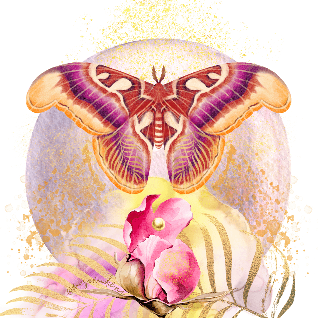 digital collage watercolor moon, luna moth in red and purple, unfurling peony and gold pearl