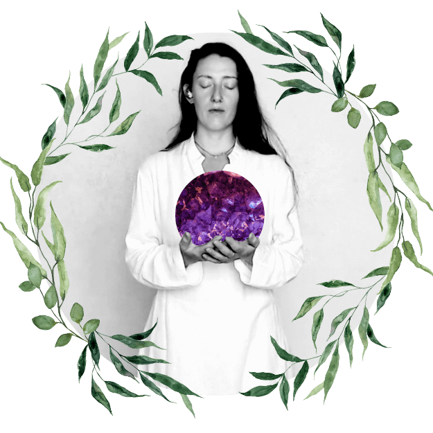 original logo art by muse, a black and white photo of her standing, eyes, closed, hands outstretched hold a brilliant purple crystal sphere. her image is surrounded by a wreath of watercolor olive leaves and berries