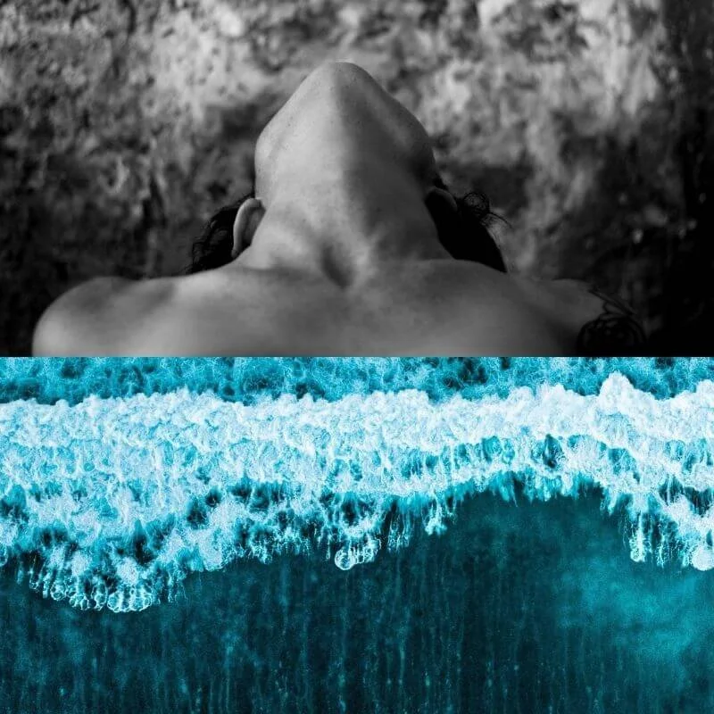 a female body type looks back, exposing their neck, collaged with bright blue waves cresting below
