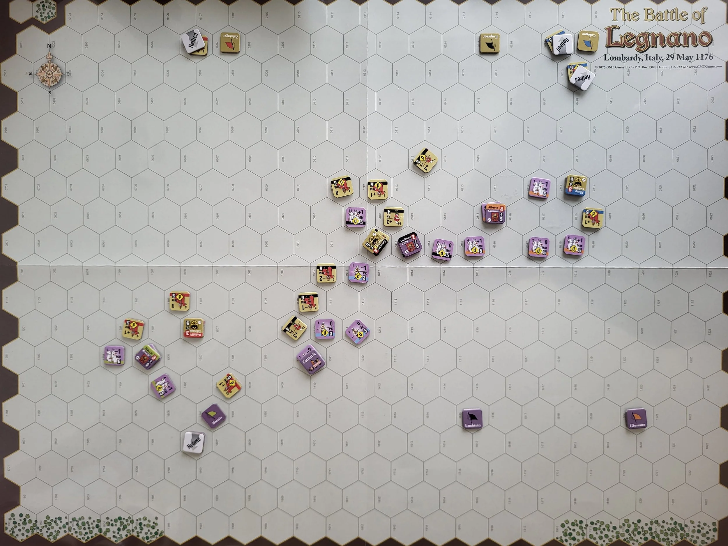 Photo of the middle of a game of the Battle of Legnano, the lines are all mixed up as the mounted units are all charging each other