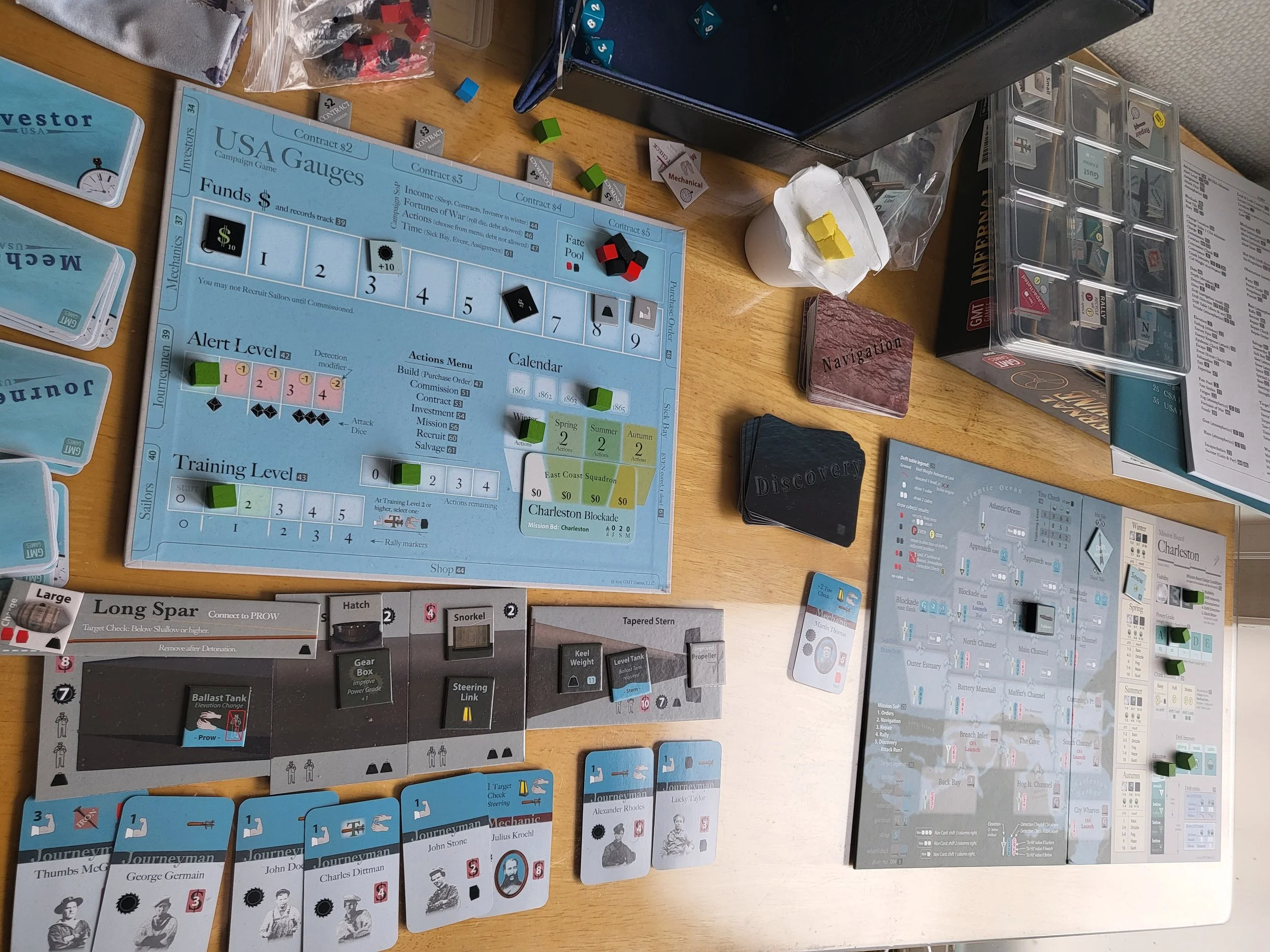 Photo showing the USA campaign board, the Charleston Mission Board, and my ill-fated Union fish boat