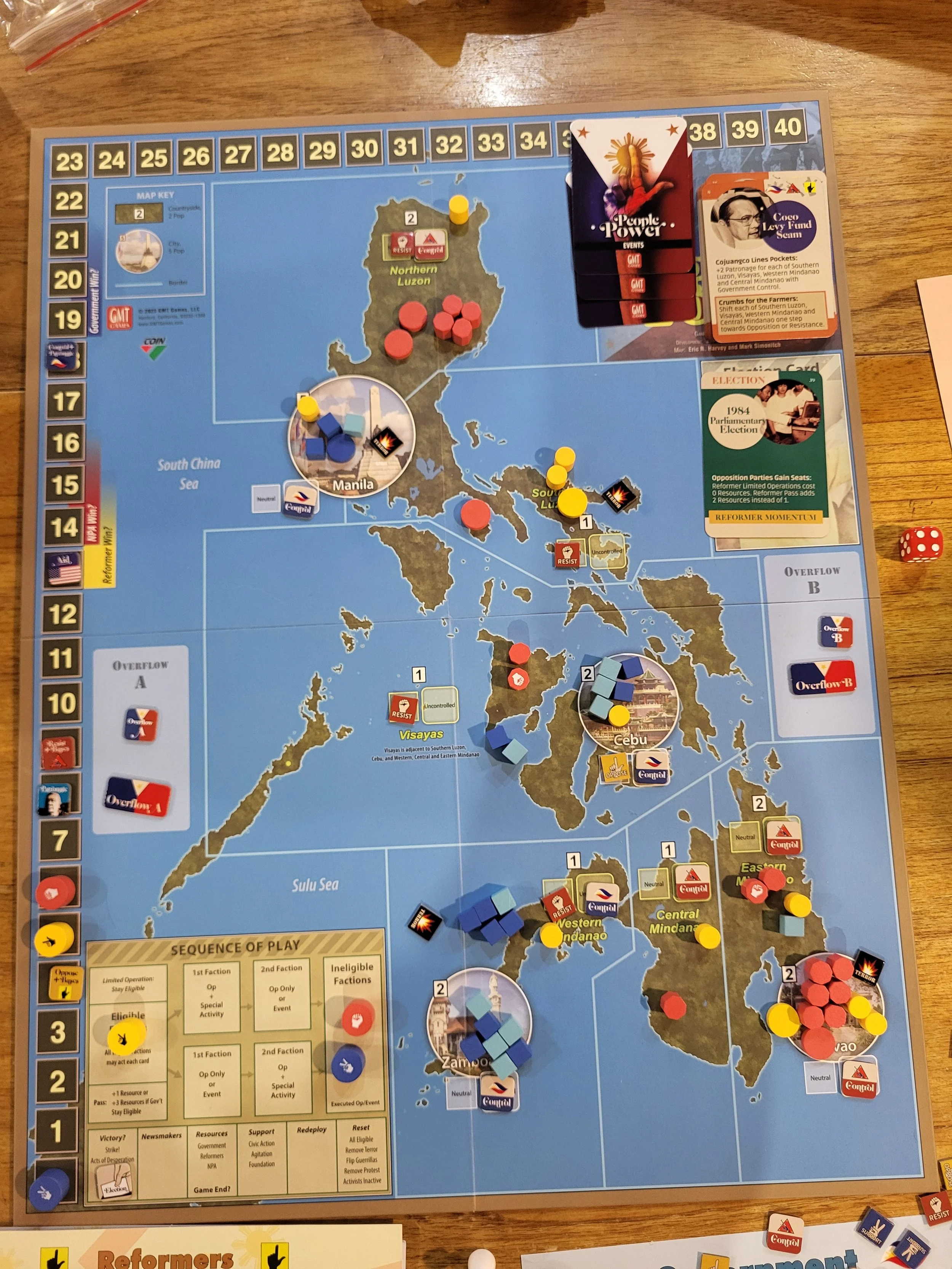 Photo of the board with only 3 or 4 cards left to go in the game.