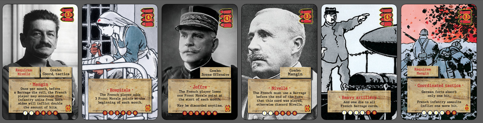 Screenshot of a display of six French event cards that stay in effect for turns after they are initially played