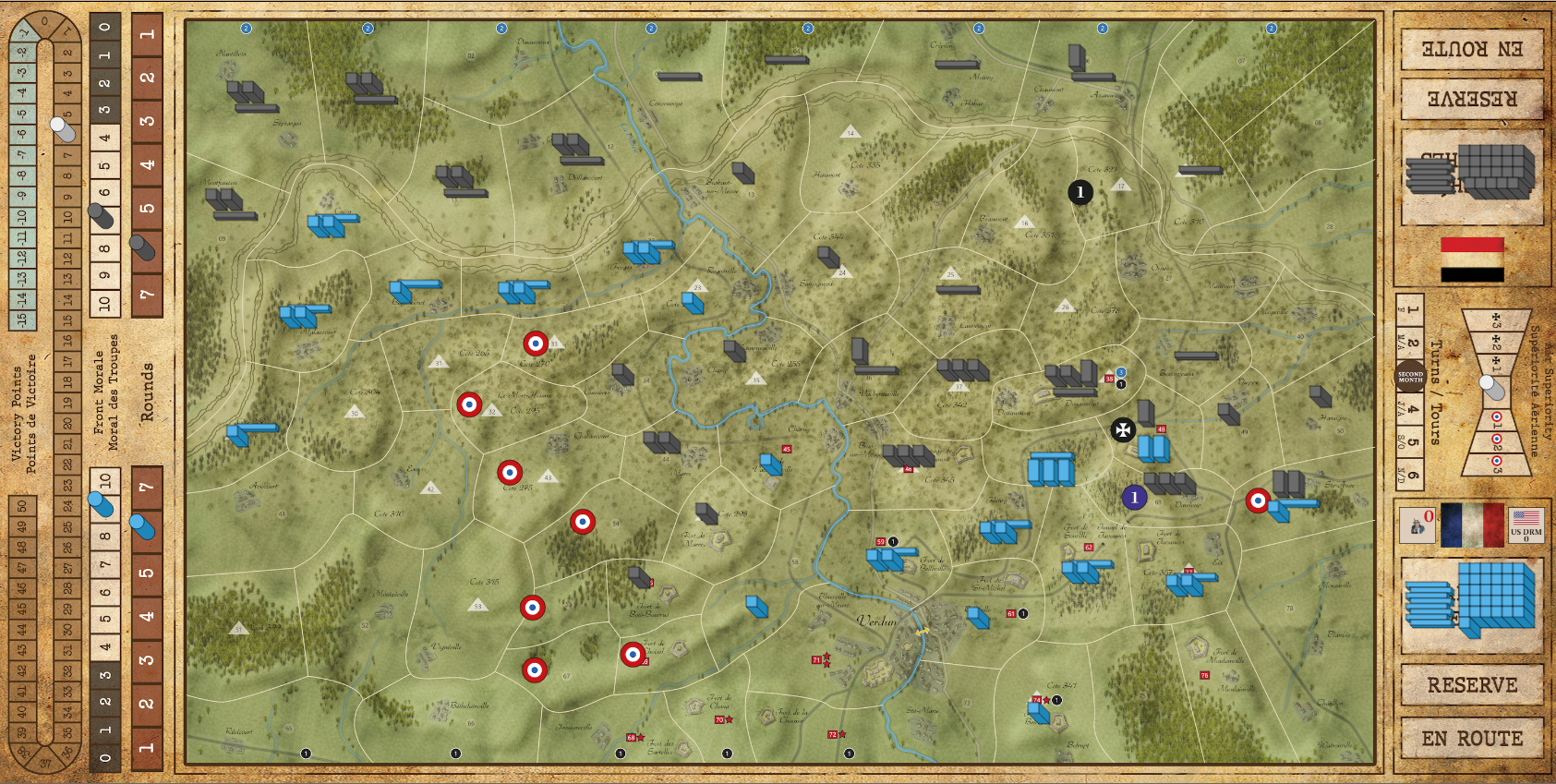 Screenshot of the Verdun board mid-game from Rally the Troops