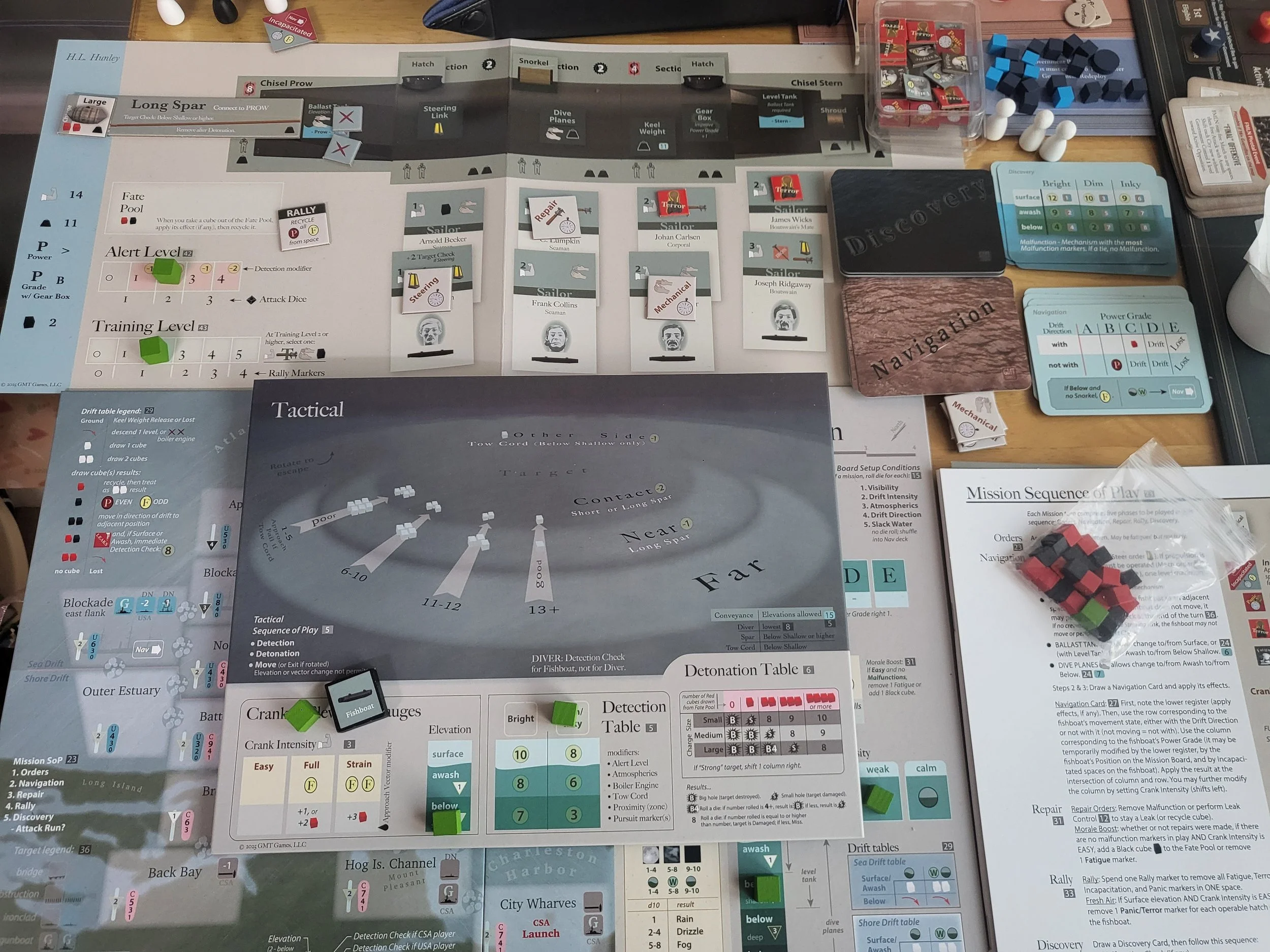 Photo of the game in play, I have balanced the tactical board on top of cubes on the Mission Board so I can resolve a tactical mission