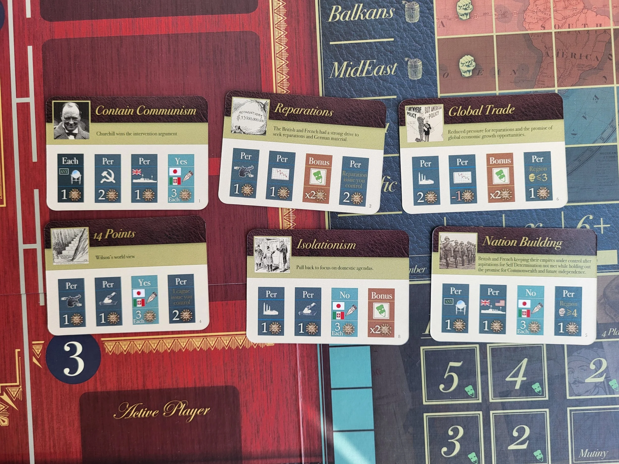 Six end game scoring cards (Contain Communism, Reparations, Global Trade, 14 Points, Isolationism, and Nation Building) all laid out on top of the game board.
