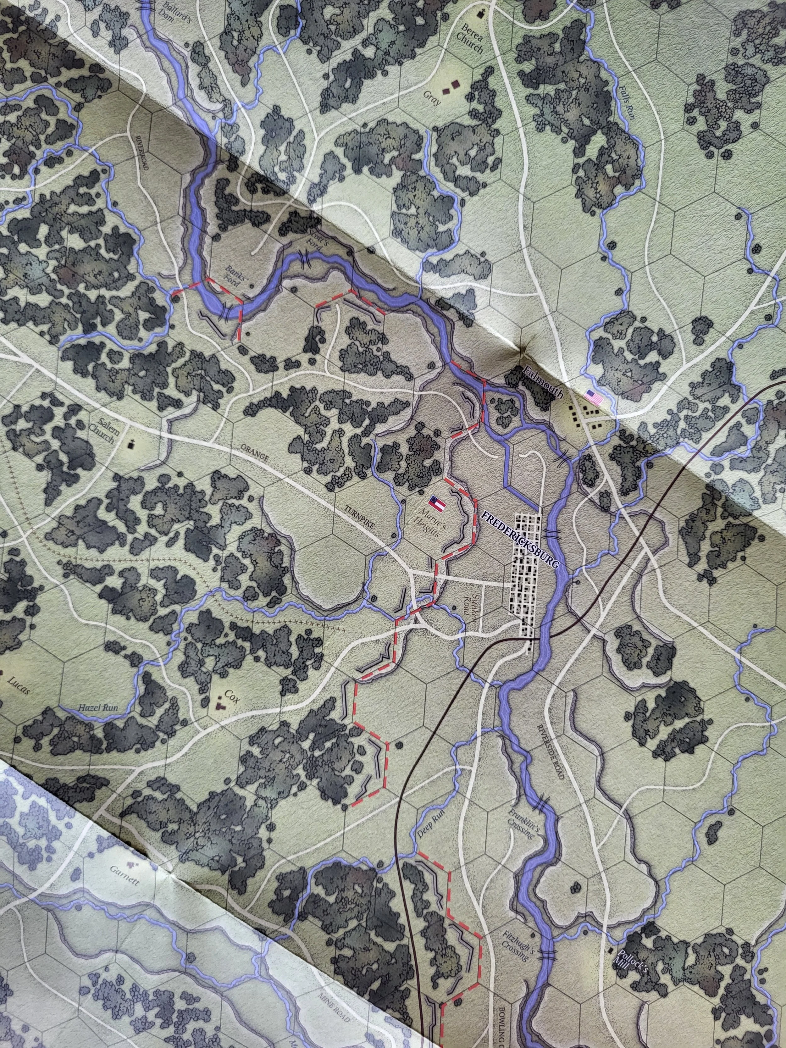 Close up photo of the eastern map, with Fredericksburg at the center of the picture.