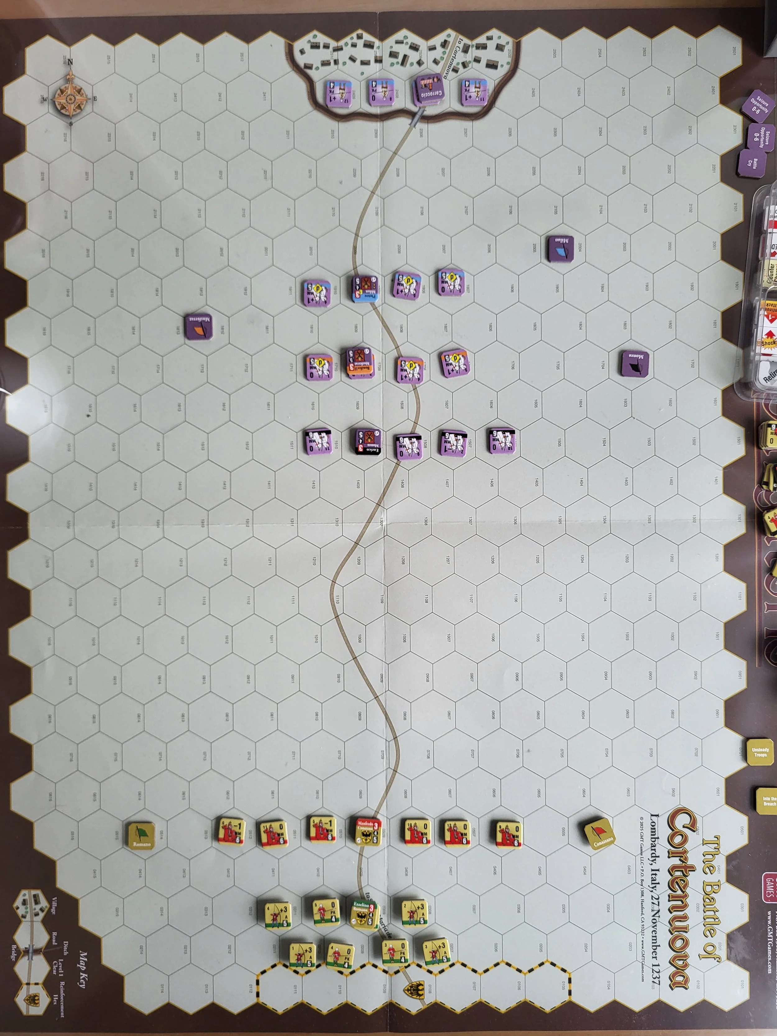 Photo of the initial set up for the Cortenuova, which has about a dozen units for each side on a vertically laid out half-map.