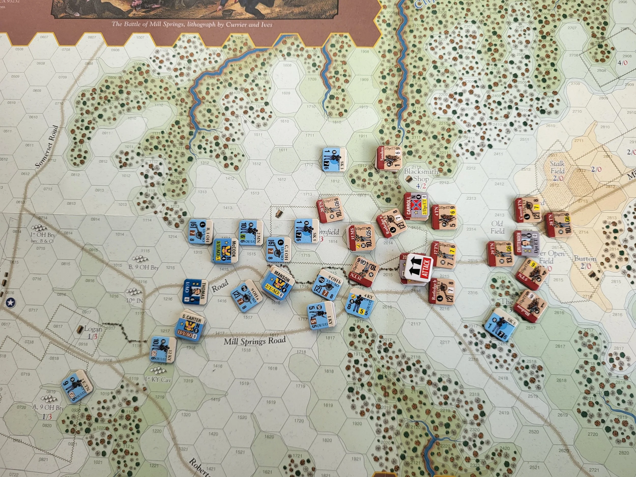 close up of the center of the Mill Springs map at around turn 5, the armies are now very close together.