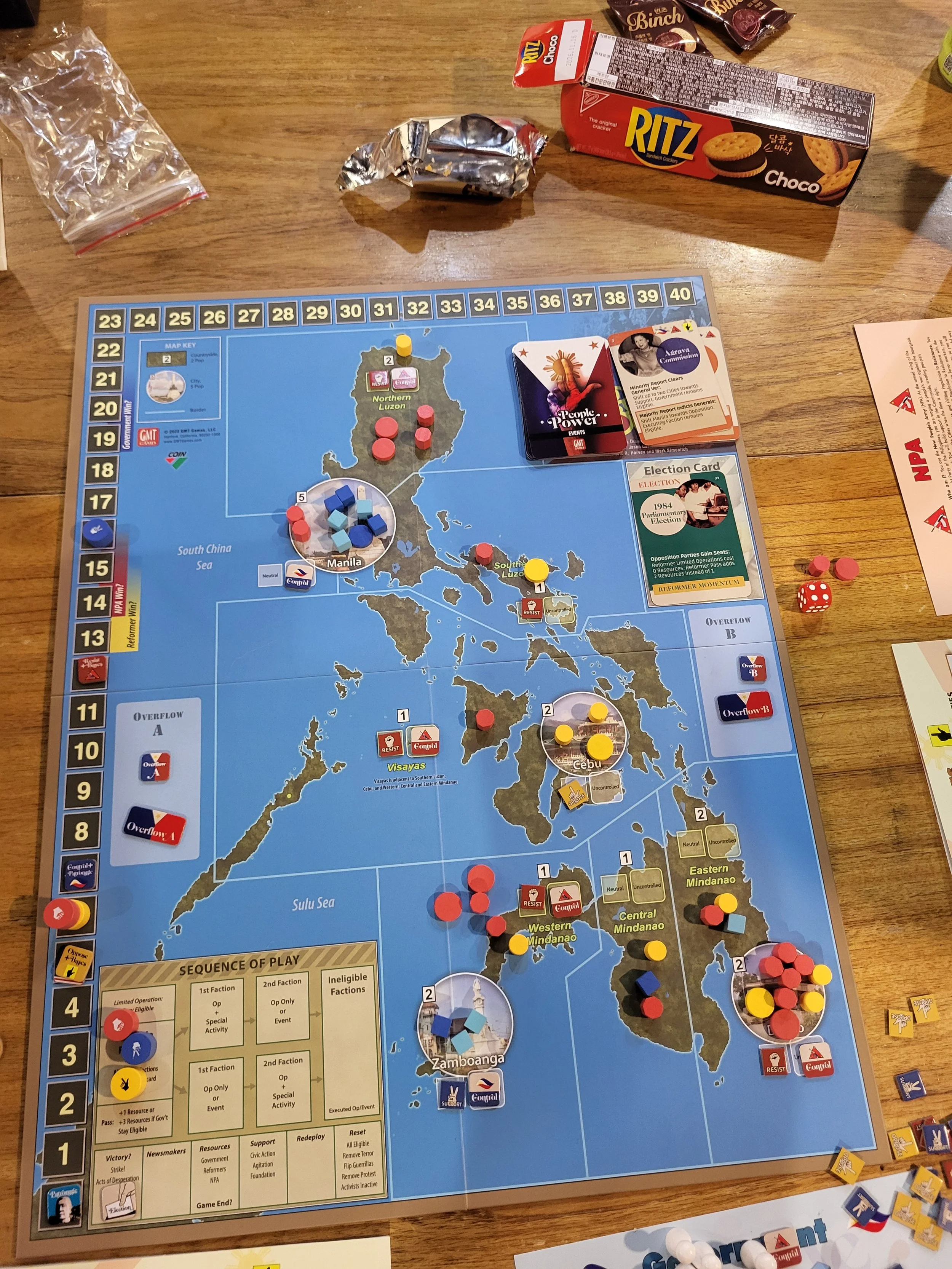 Photo of the game during the first Election round. The government holds Manila but almost nowhere else, the red communist player has pieces everywhere.