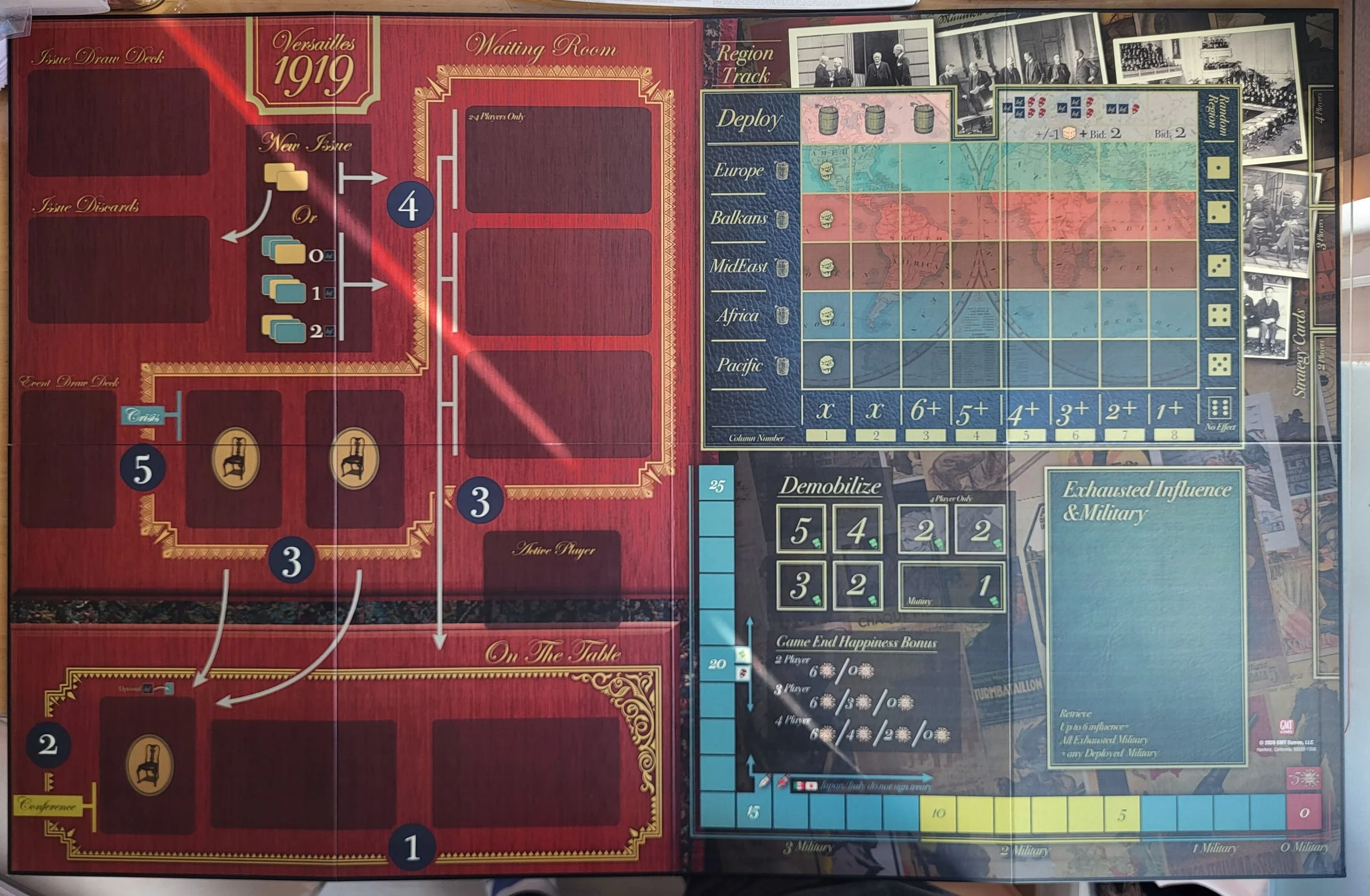 A photo of the game board for Versailles with no pieces on it.