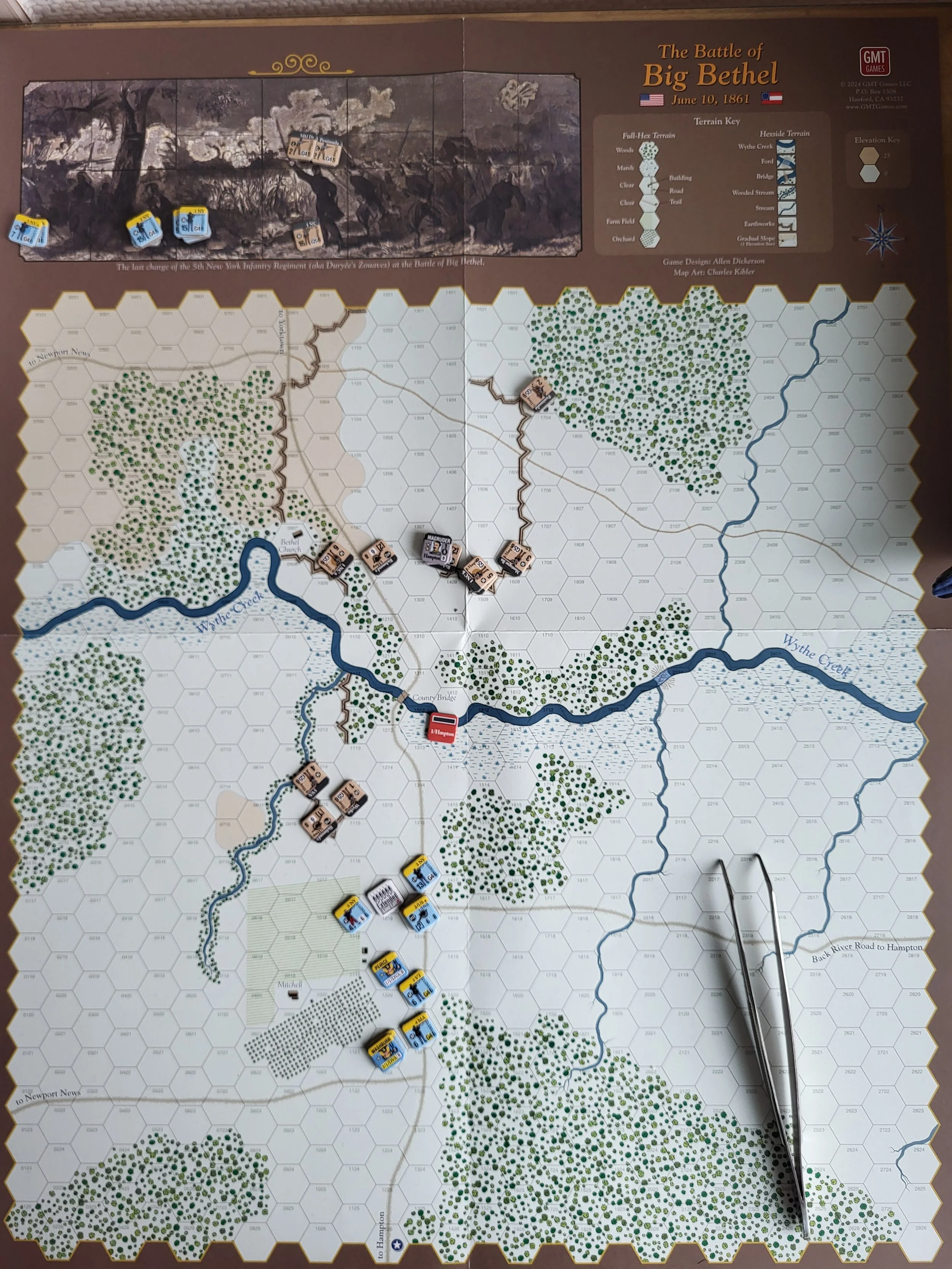 Photo of the Big Bethel map on turn 2, there's like 25 counters total involved in this battle.