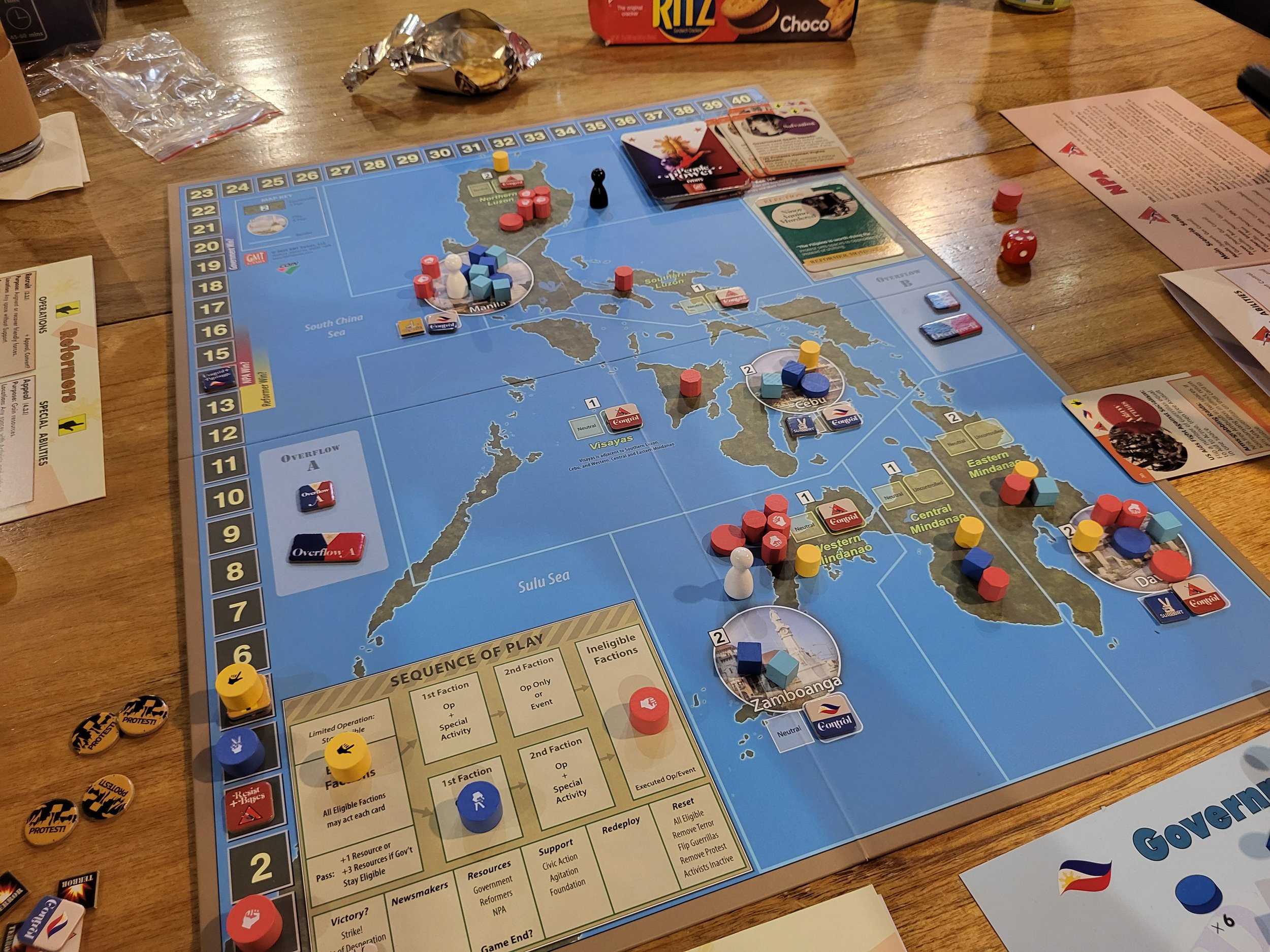 Photo of the game about midway through the first era. Things aren't looking good for the government.