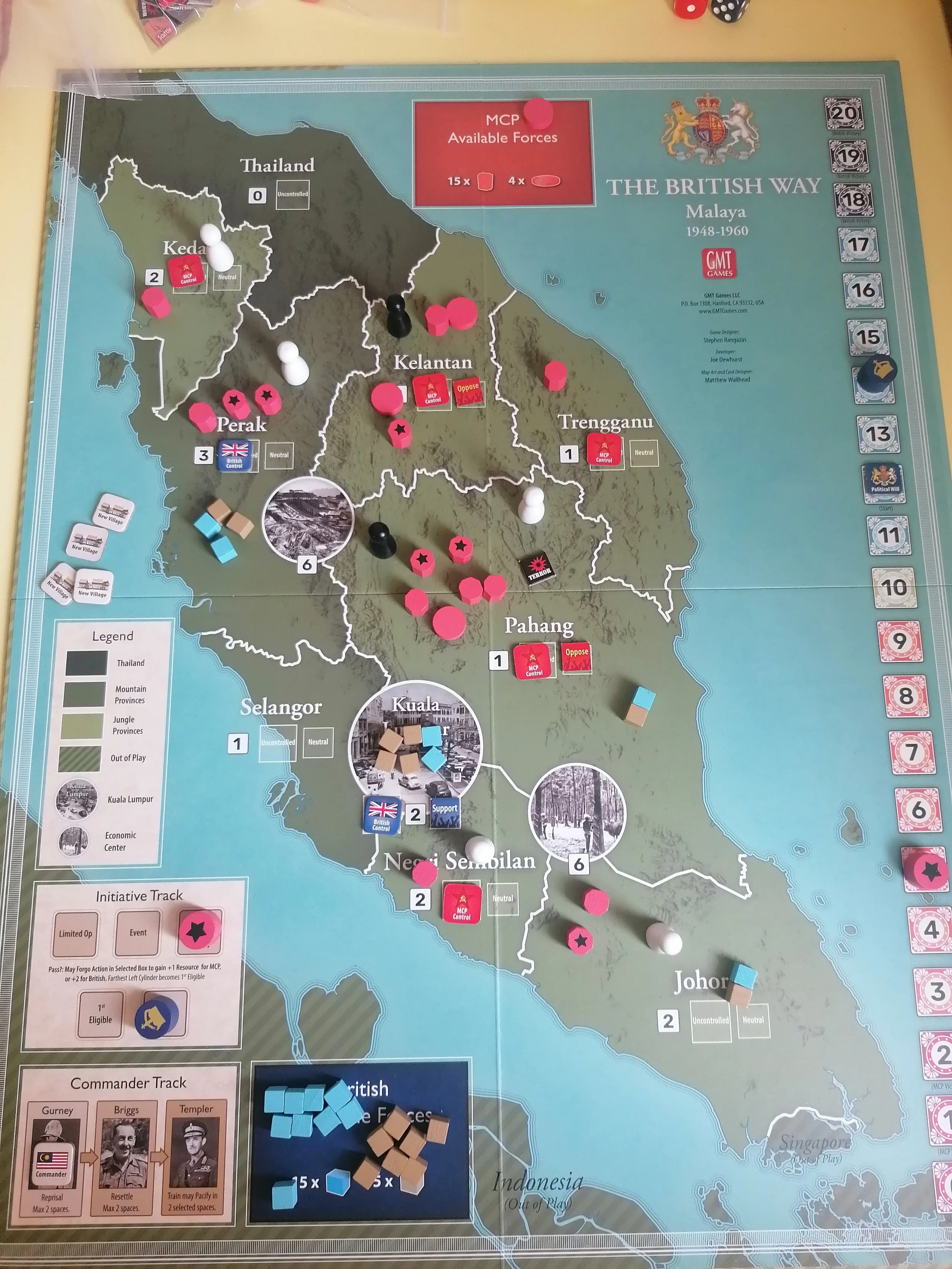 A game of Malaya from The British Way, this is a photo of the game board about a third of the way through the game.