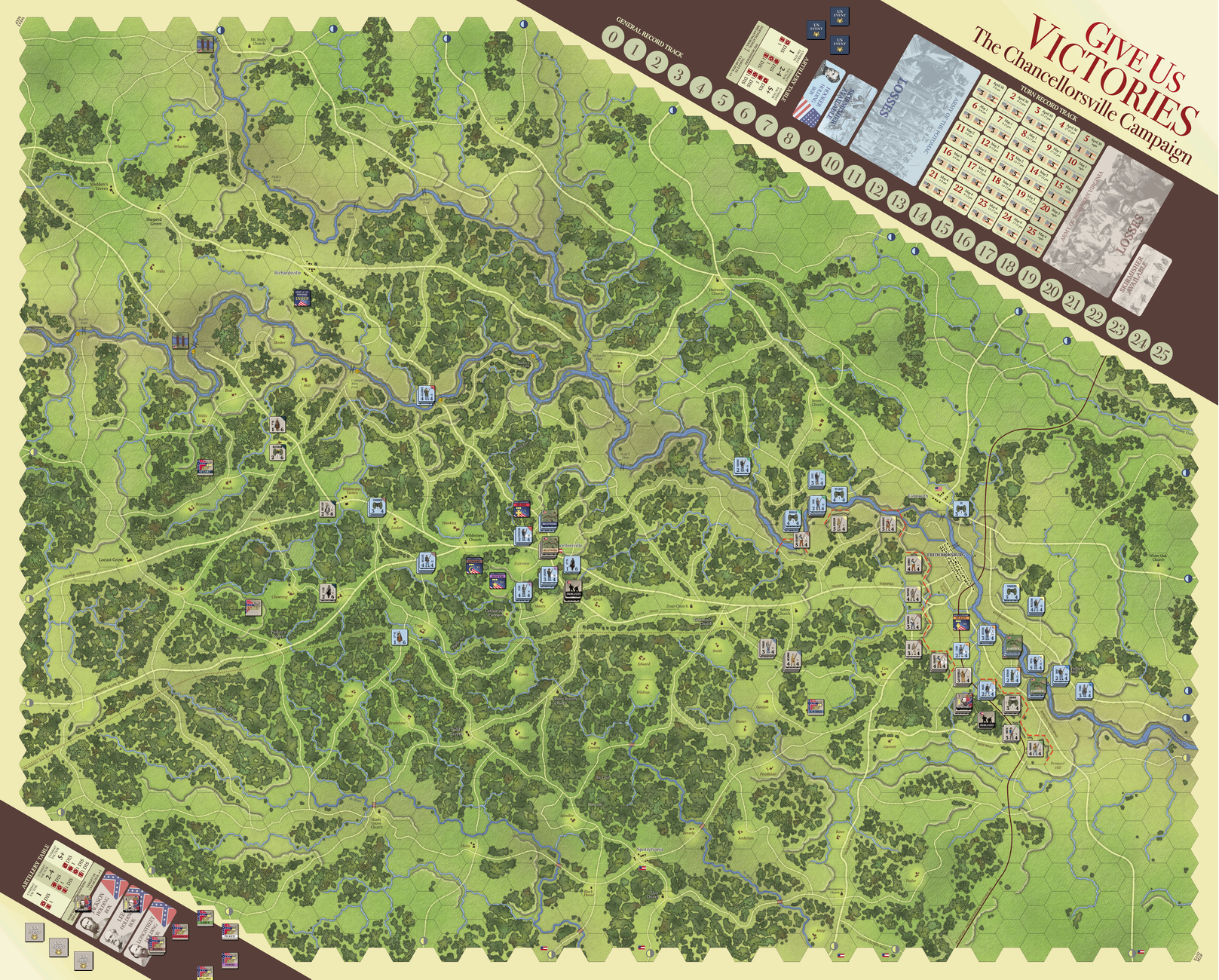 Screenshot of the full map from Vassal showing the game state at the end of the first day of the battle (roughly the fifth turn)