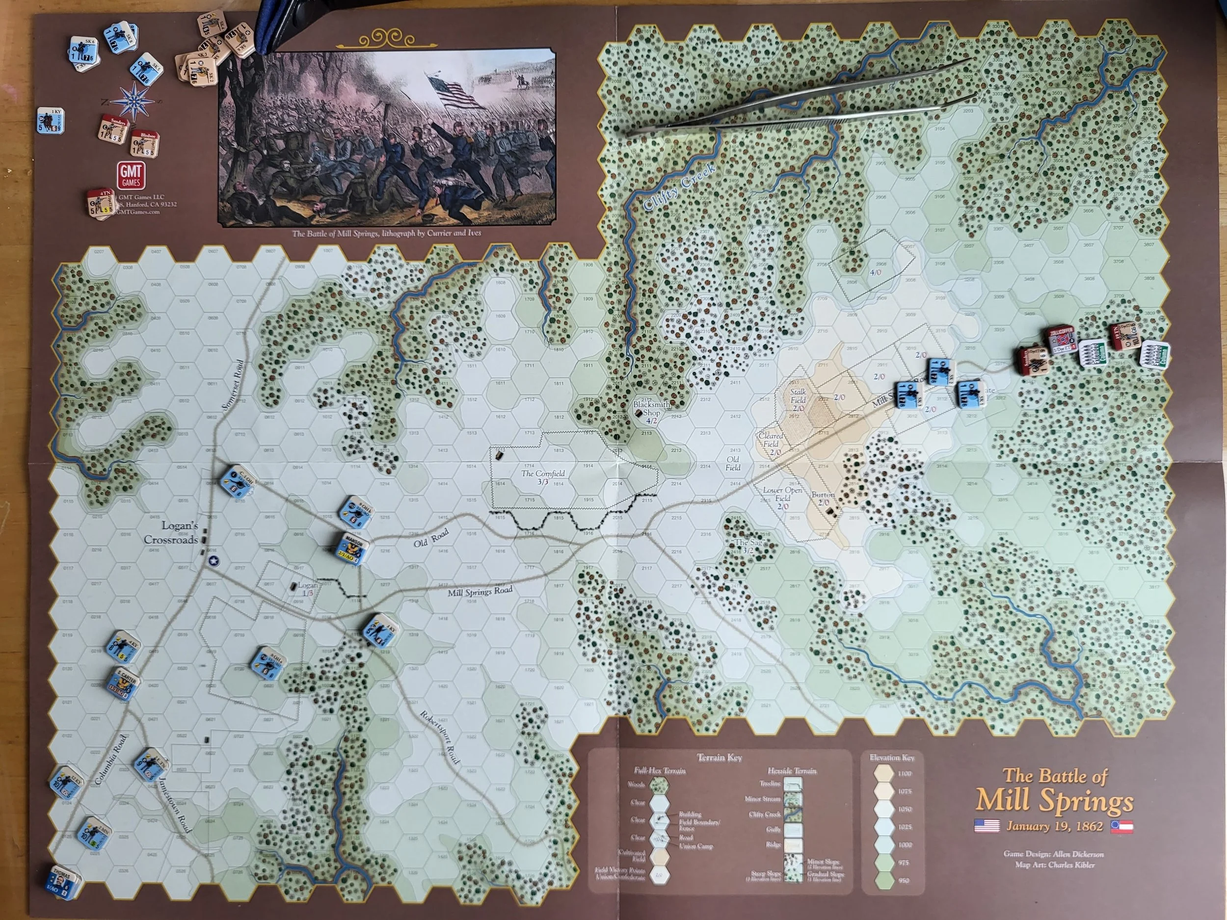 Photo of the battle of Mill Springs map with its initial set up.
