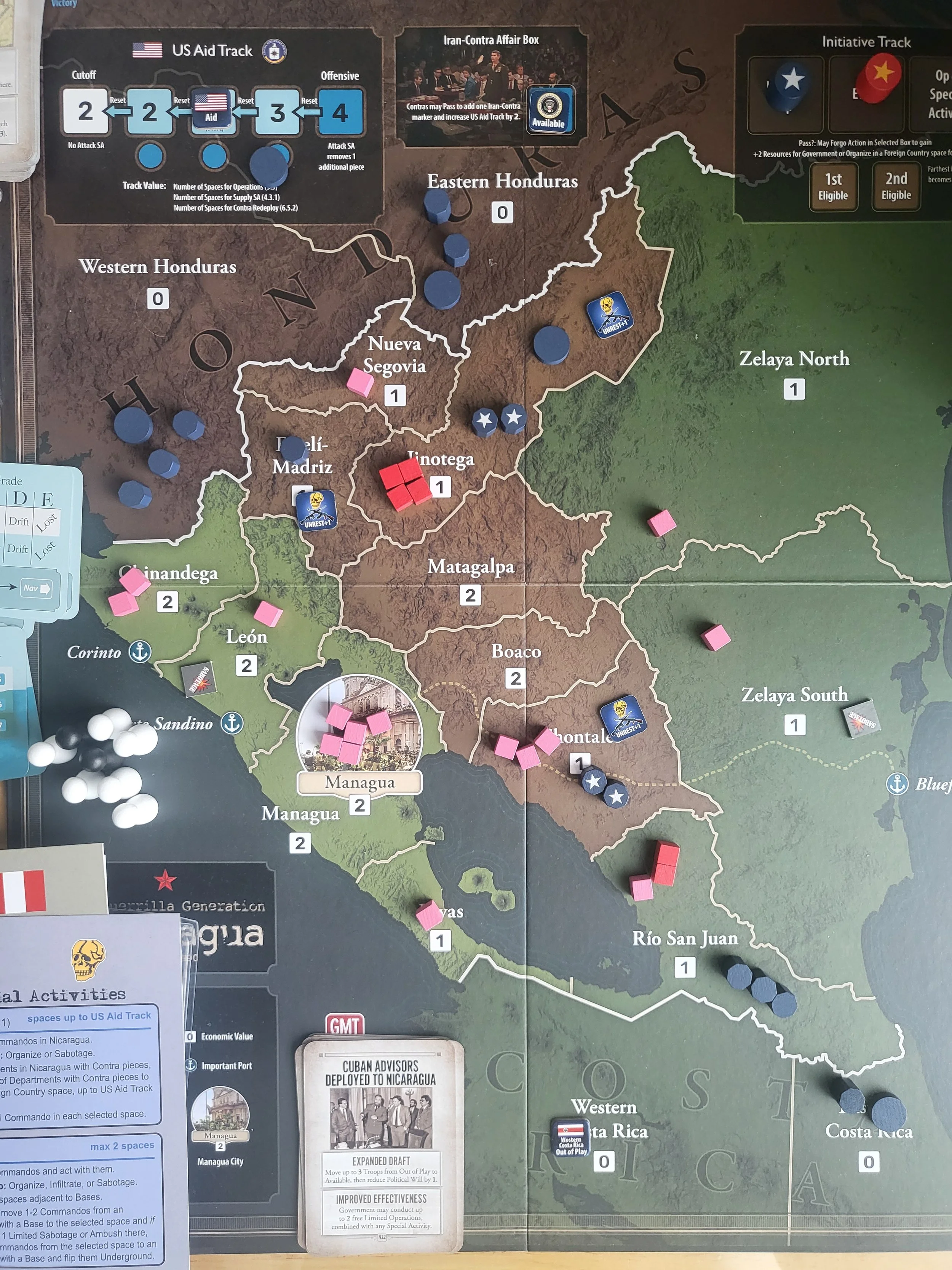 Photo of Nicaragua in play, this is soon after the first propaganda round, about one third of the way through the game.