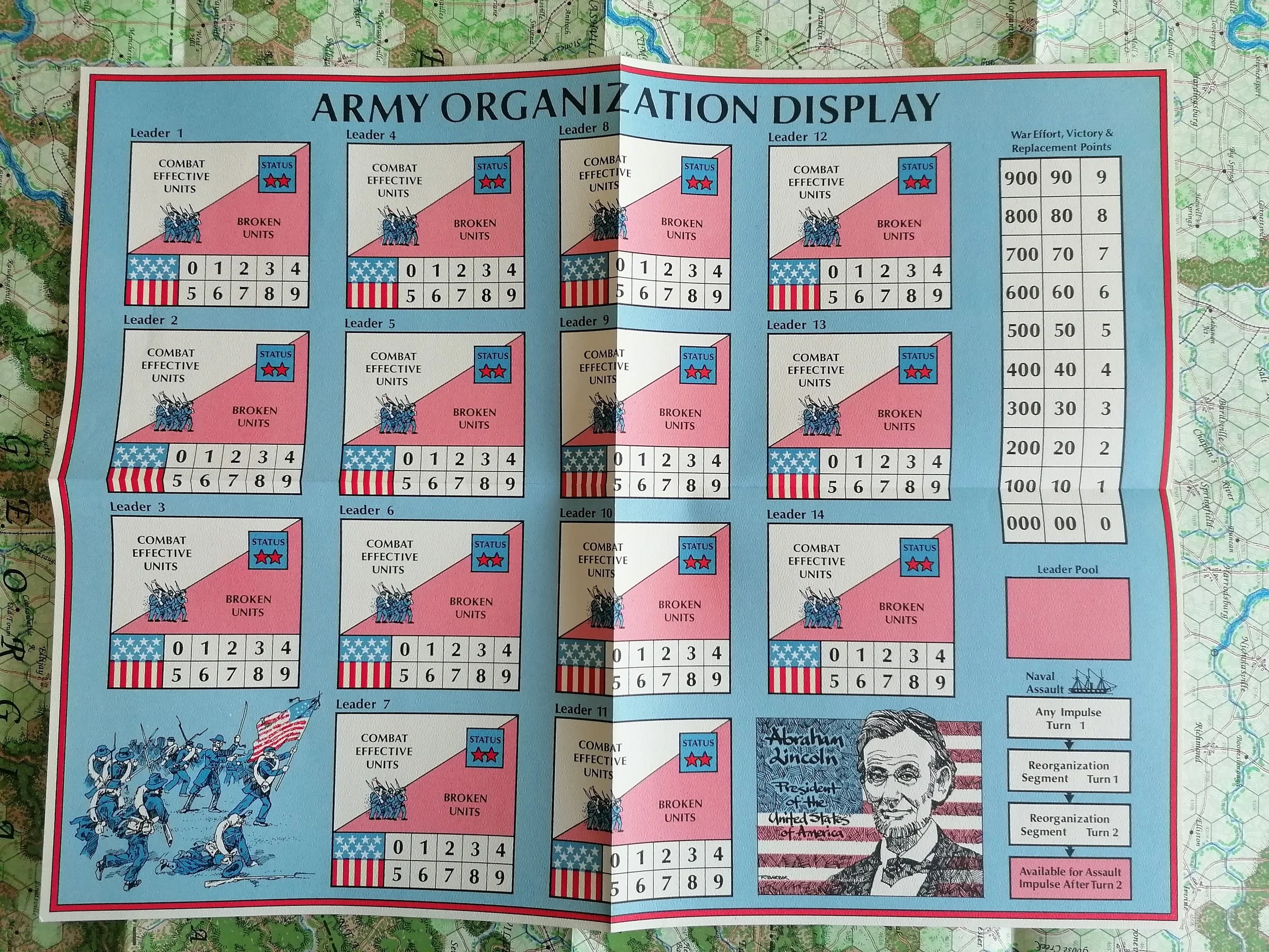 The Union Army Organization Display, with many little boxes for each general, laid out on top of the Army of the Heartland map. It has a fun little portrait of Lincoln in one corner