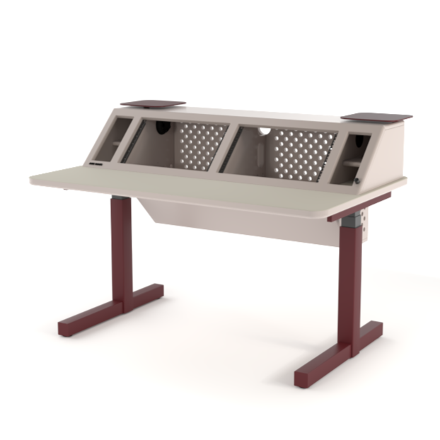 The AH-101 professional music studio desk from Swedish music furniture company Aux Haus. It´s got sit/stand functionality, plenty of features and custom colors, this one is in vintage pink and dark red.