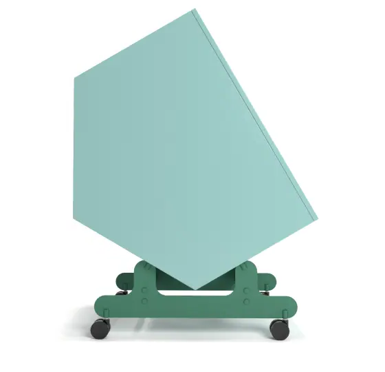 The AH-201 wheeled and tilted 18U side rack from Swedish music studio furniture company Aux Haus. Choose your own custom colors, this one has light green top on a dark green bottom.