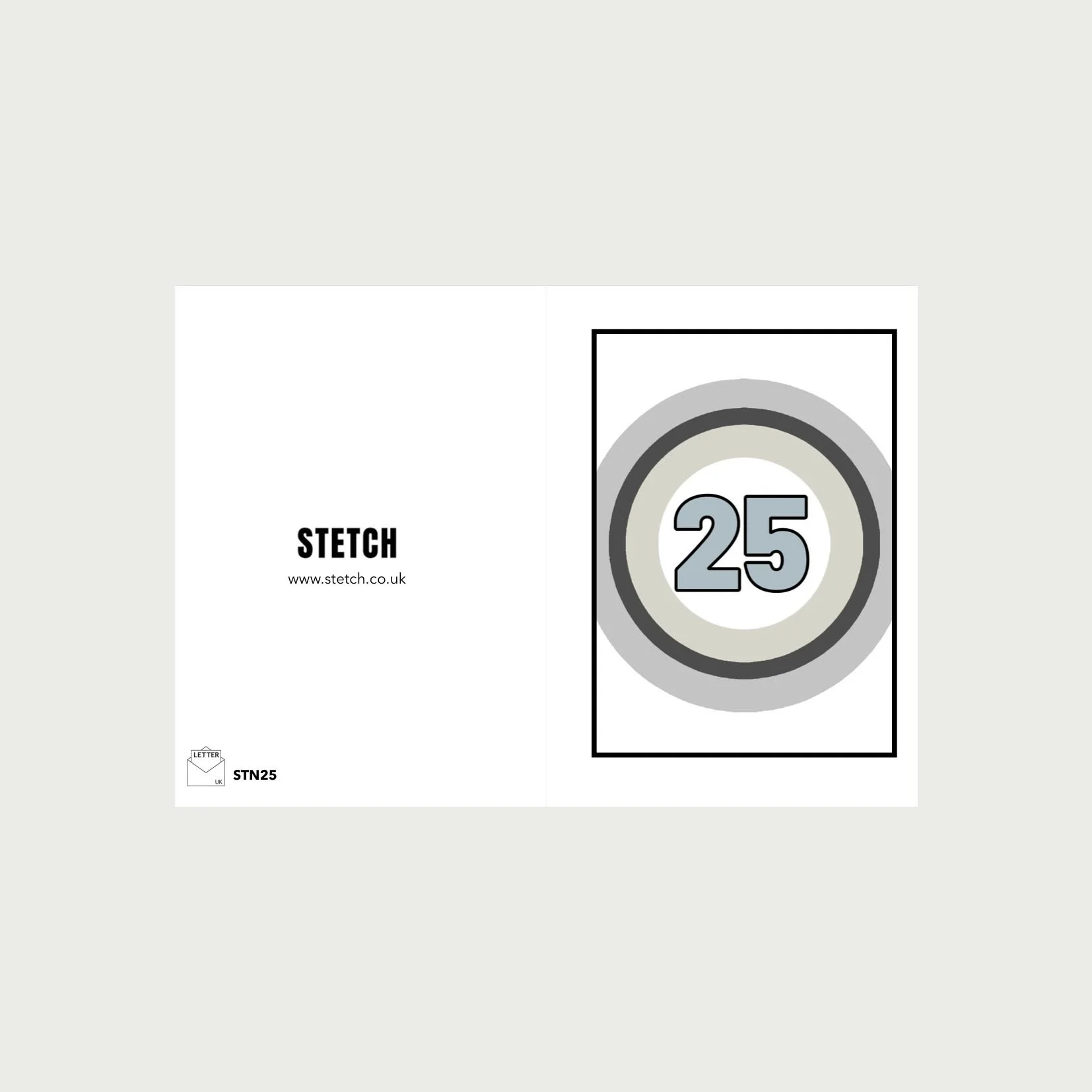 Design template for a number 25 titled 'STETCH' with a geometric circular pattern in shades of gray around the number.