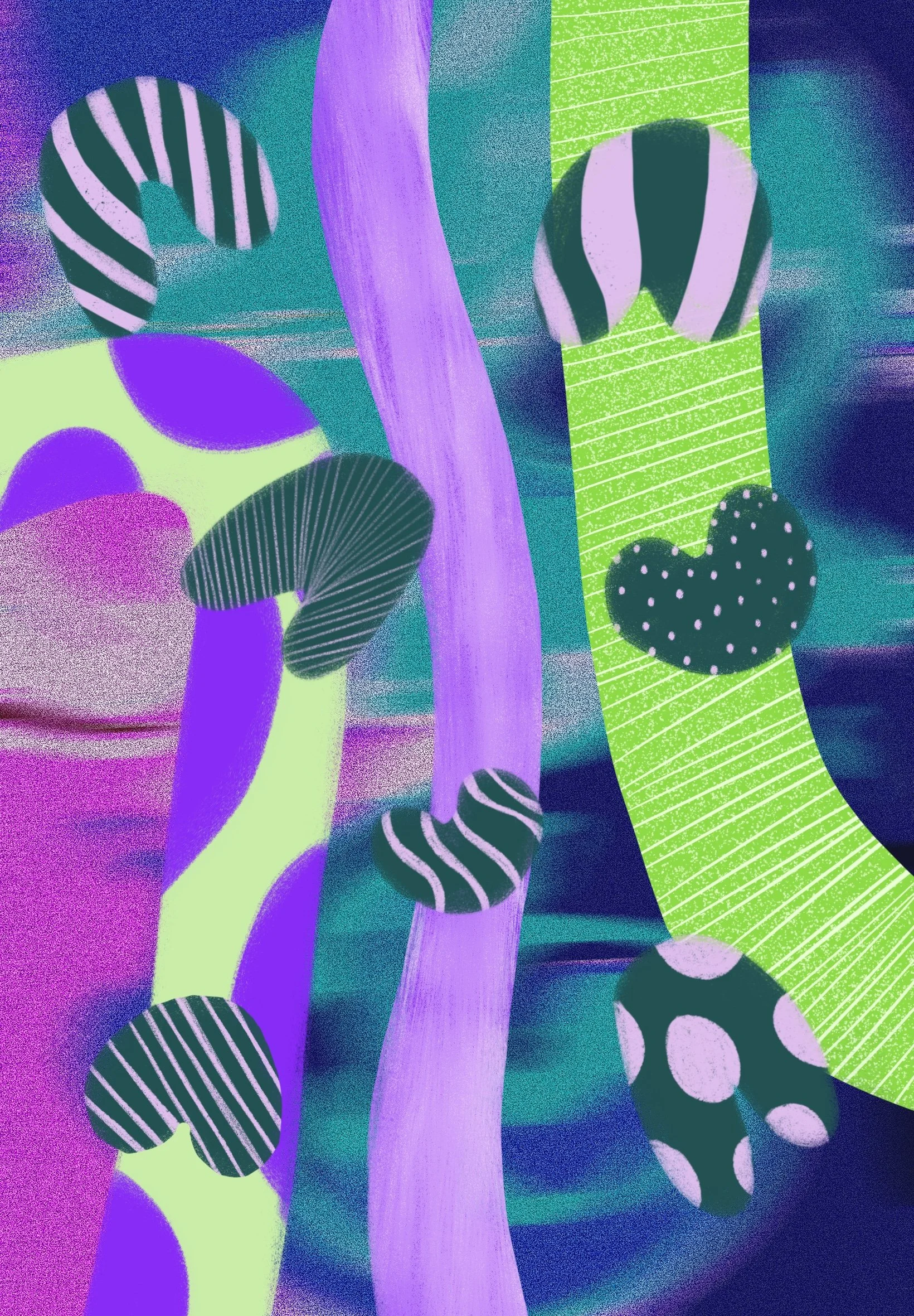 Abstract digital artwork with bright colors including purple, green, black, and pink, featuring shapes such as striped circles, elongated ovals, and lines, creating a vibrant and dynamic composition.