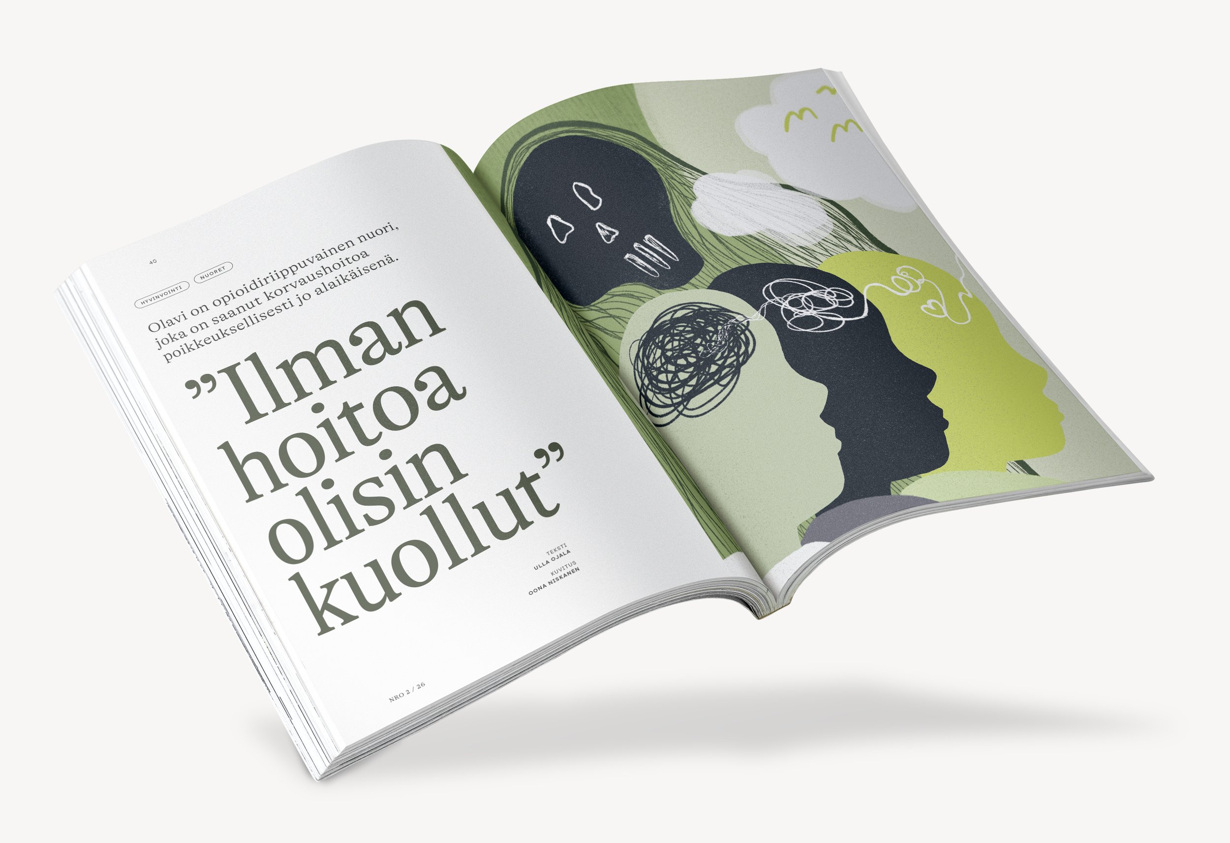 Avaa kirja, jossa on teksti suomeksi ja värikäs piirros.
