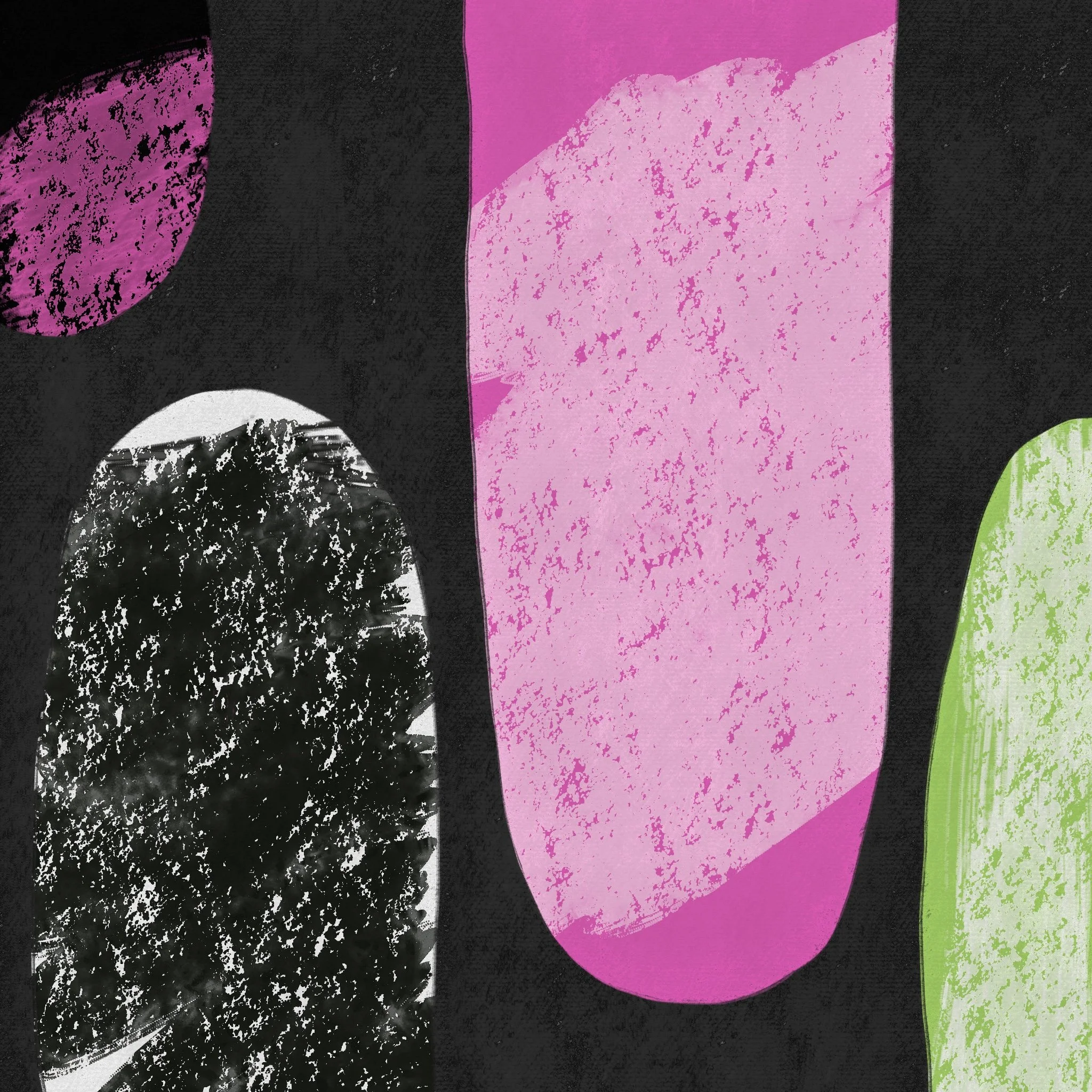 Close-up of abstract, textured shapes in pink, purple, black, white, and green colors.