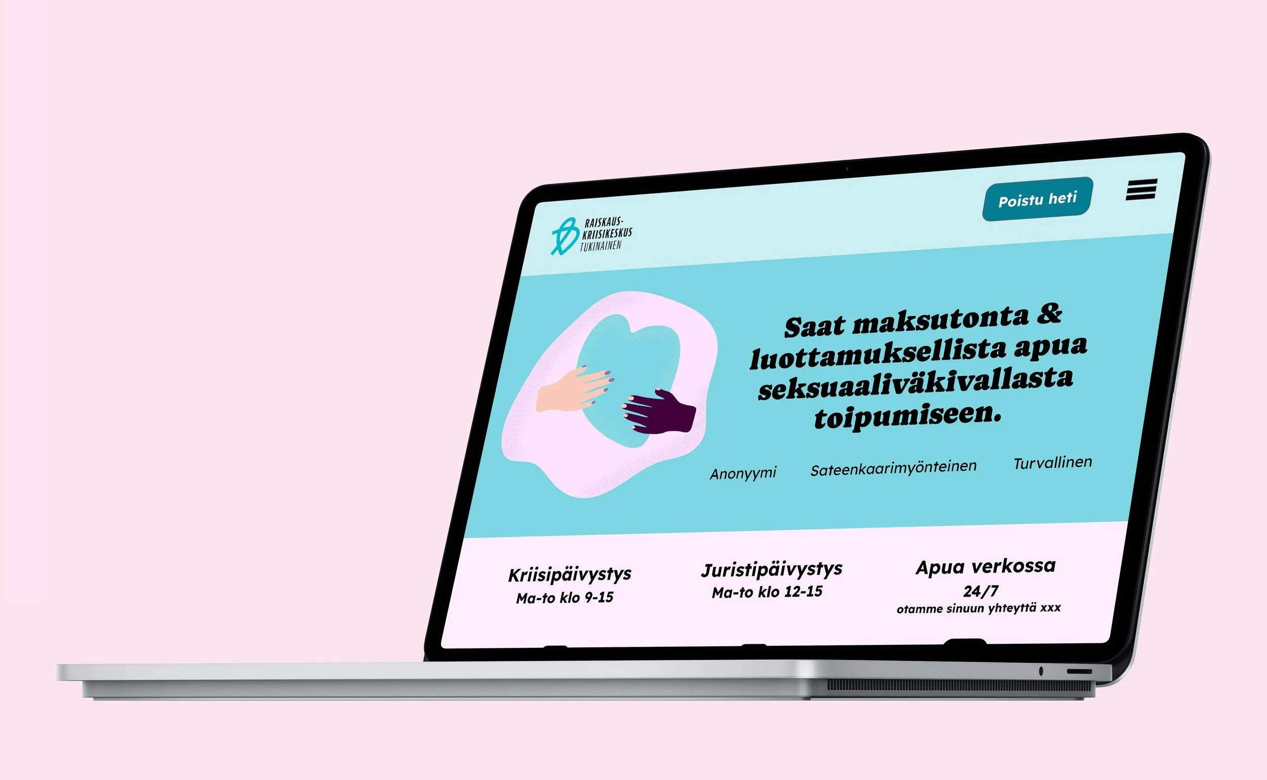 Tietokoneen näytössä on verkkosivusto, joka tarjoaa ilmaista ja luotettavaa apua seksuaaliväkivallasta toipumiseen. Sivulla on tekstiä suomeksi, kuten Ohjeita, turvallinen, ja yhteystietoja.