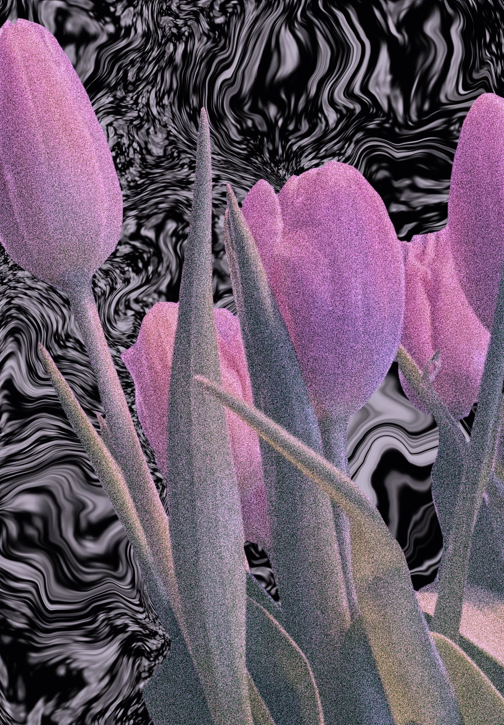 Abstract digital artwork featuring large pink and gray textured shapes resembling cacti or succulents, set against a swirling black and white background with fluid, marble-like patterns.
