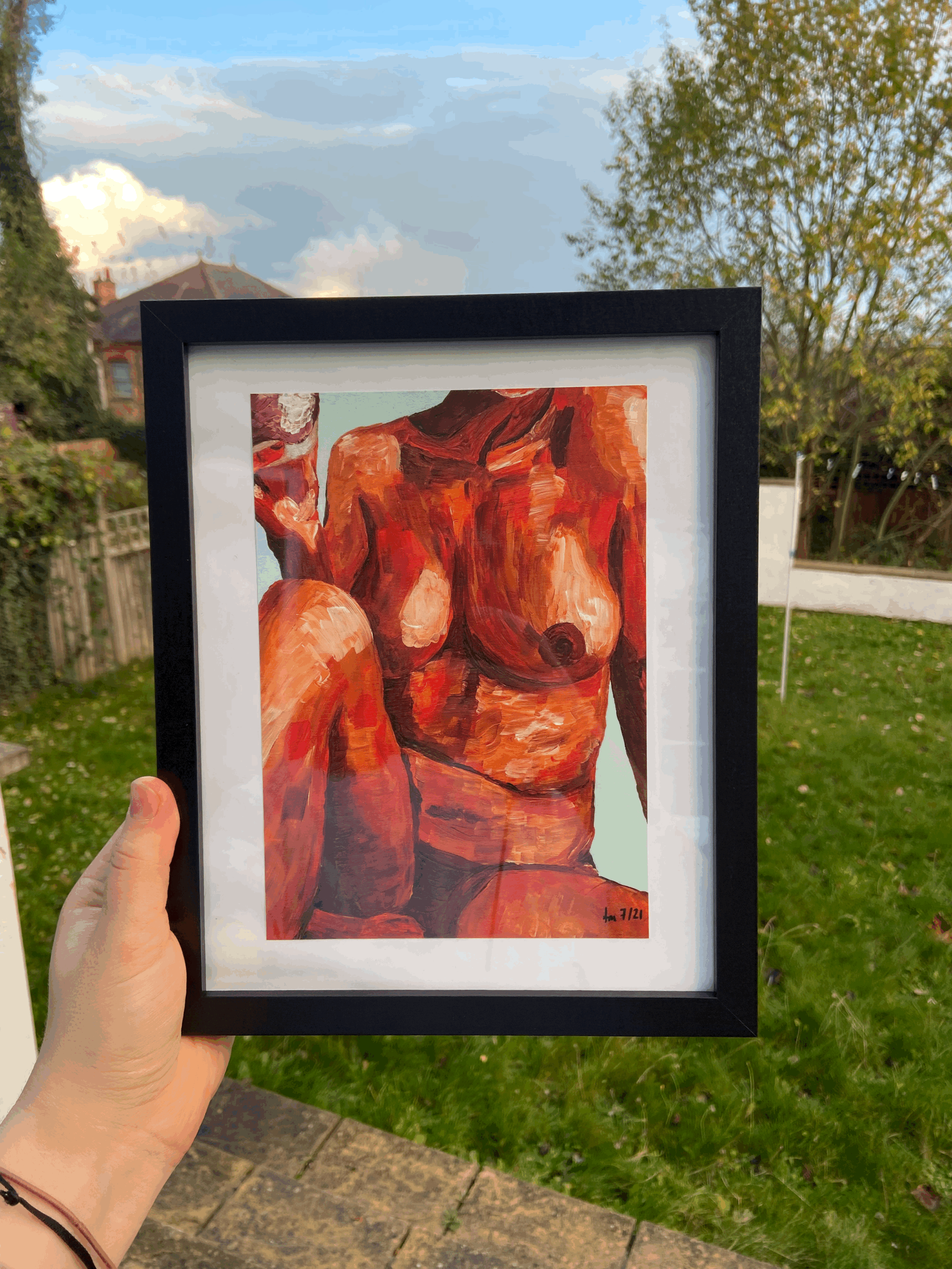 Orange Wine Lady Art Print by Nottingham based and queer artist Franziska Meszar. This print portrays a woman holding a glass of wine. It is body positive, feminist and empowering.