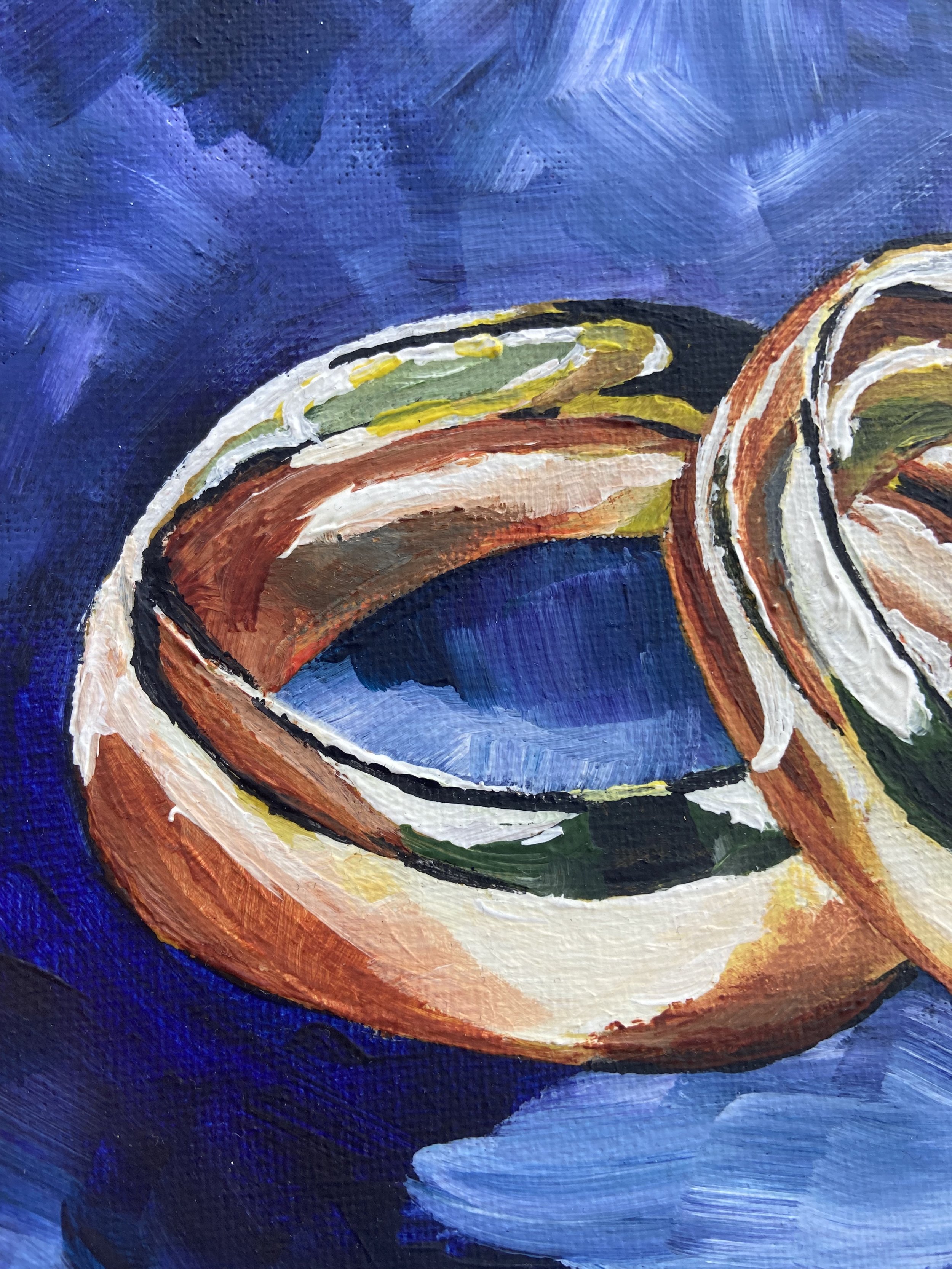 This art print is a perfect gift idea for a newly-wed couple close to your heart. The shiny gold colour of the rings just pops perfectly on the dark blue background.